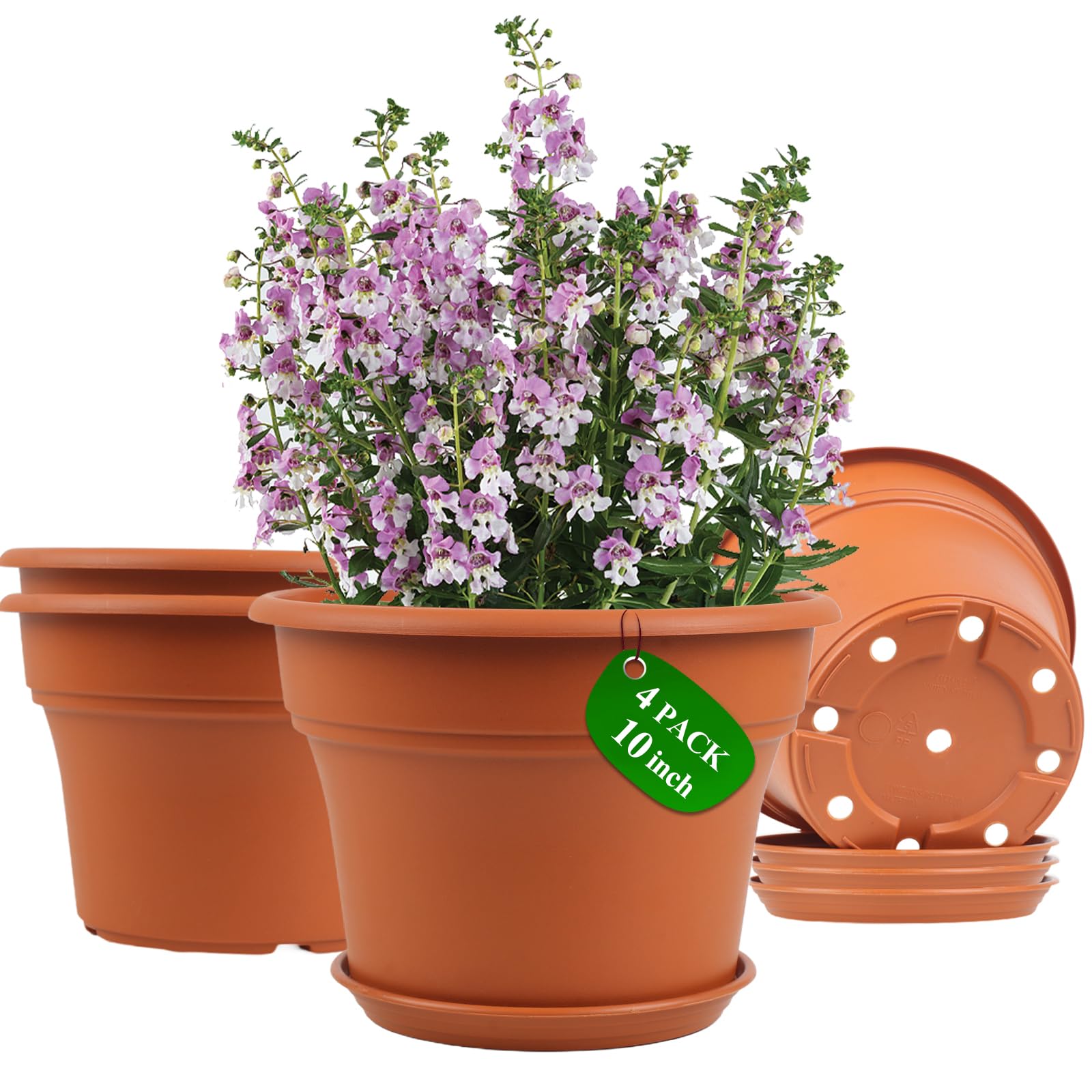 11Inch Plastic-Flower-Pot-for-Indoor-Plants, 4 Pack Large Outdoor Planter Pot with Drainage Holes & Saucers, Resin Decorative Garden Pots Planters
