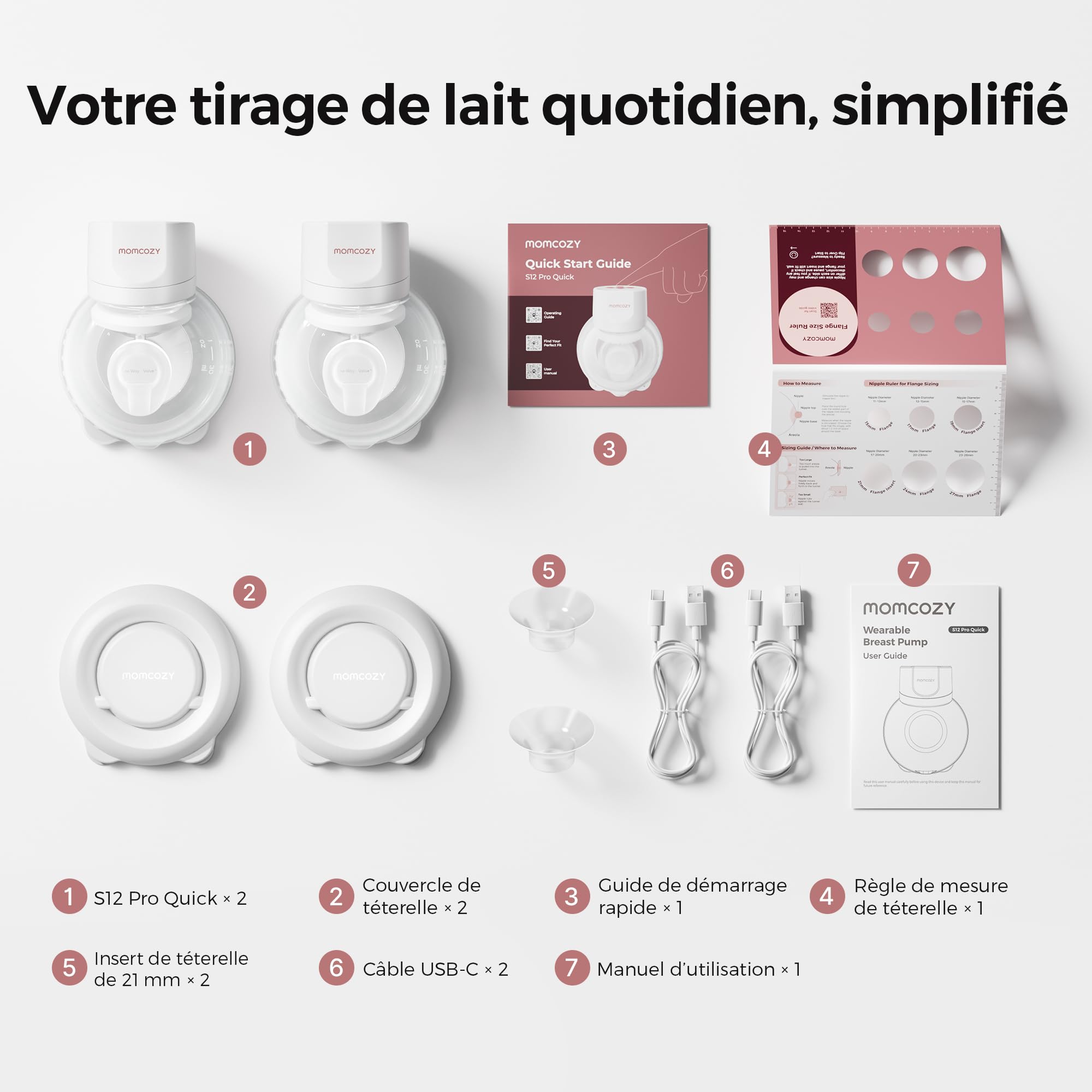 Momcozy Tire Lait S12 Pro Quick, Tire Lait Electrique Main Libre Sans Fil et à Porter, DoubleFit™ Hybrid Flange, 3 Modes & 9 Niveaux, Pompe Portable avec Écran Intelligent,2 Pièces, Blanc