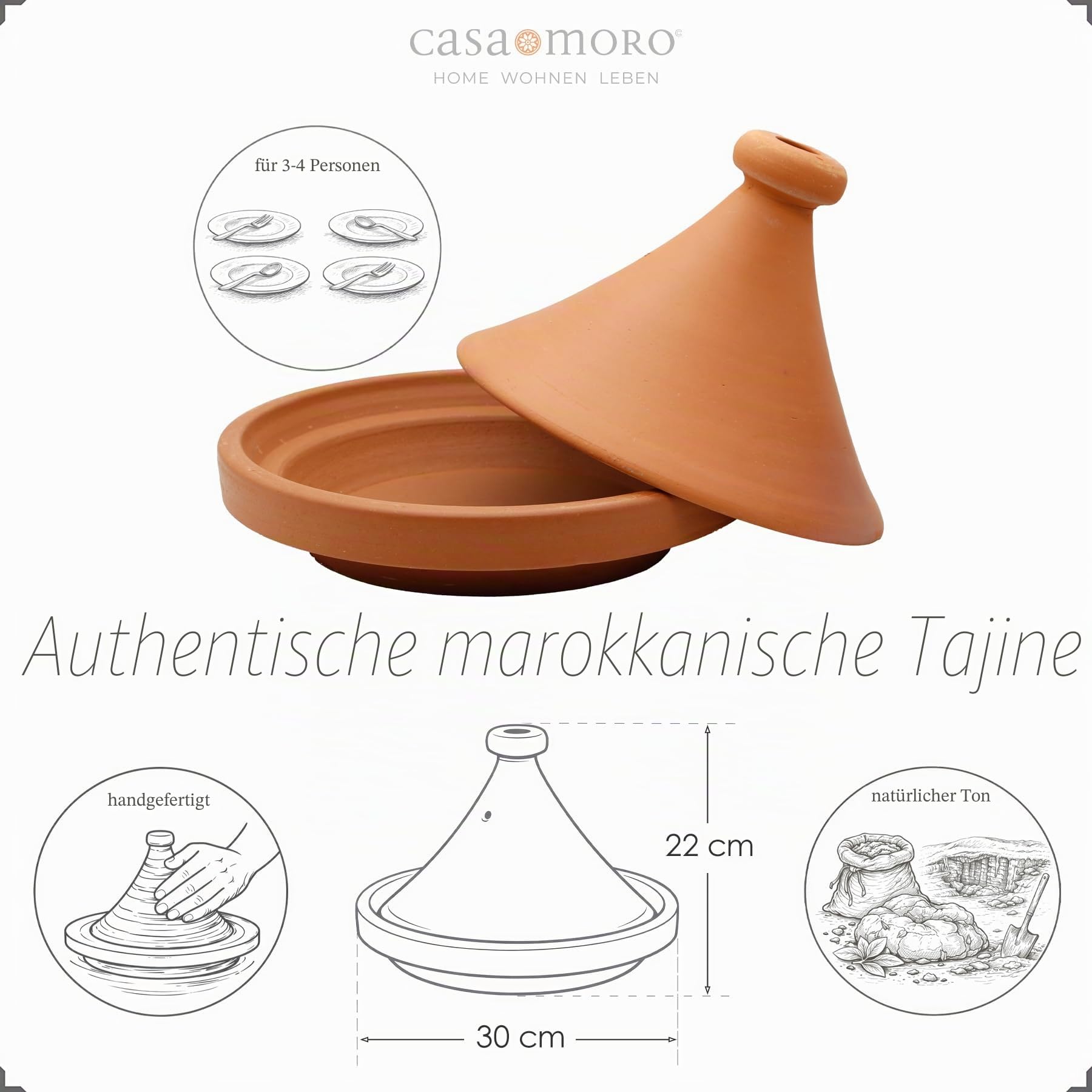 Schmortopf aus Ton – Marokkanische Tajine Ø 30 cm Kochen für 3-4 Personen | Tagine unglasierter Gartopf Tontopf