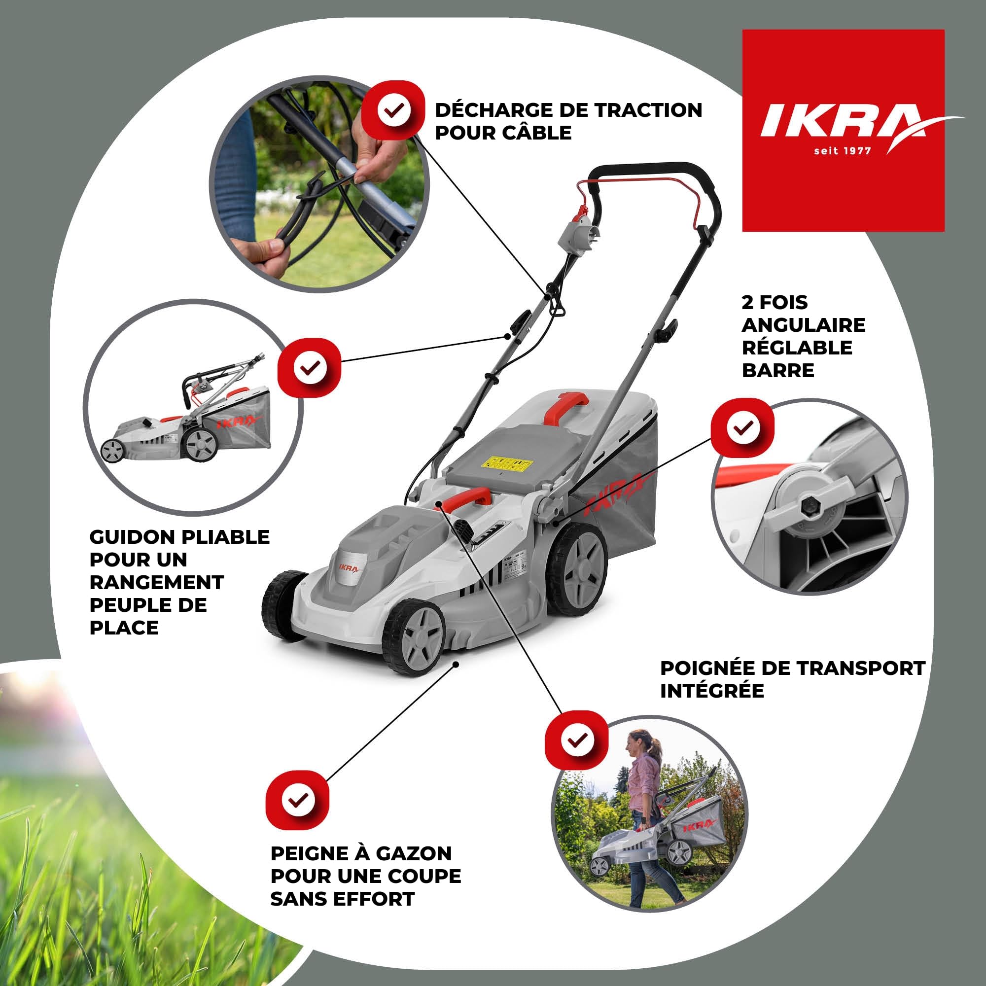 IKRA Tondeuse à Gazon électrique IERM 1638-1 1600W, 38cm, Lames de Rechange
