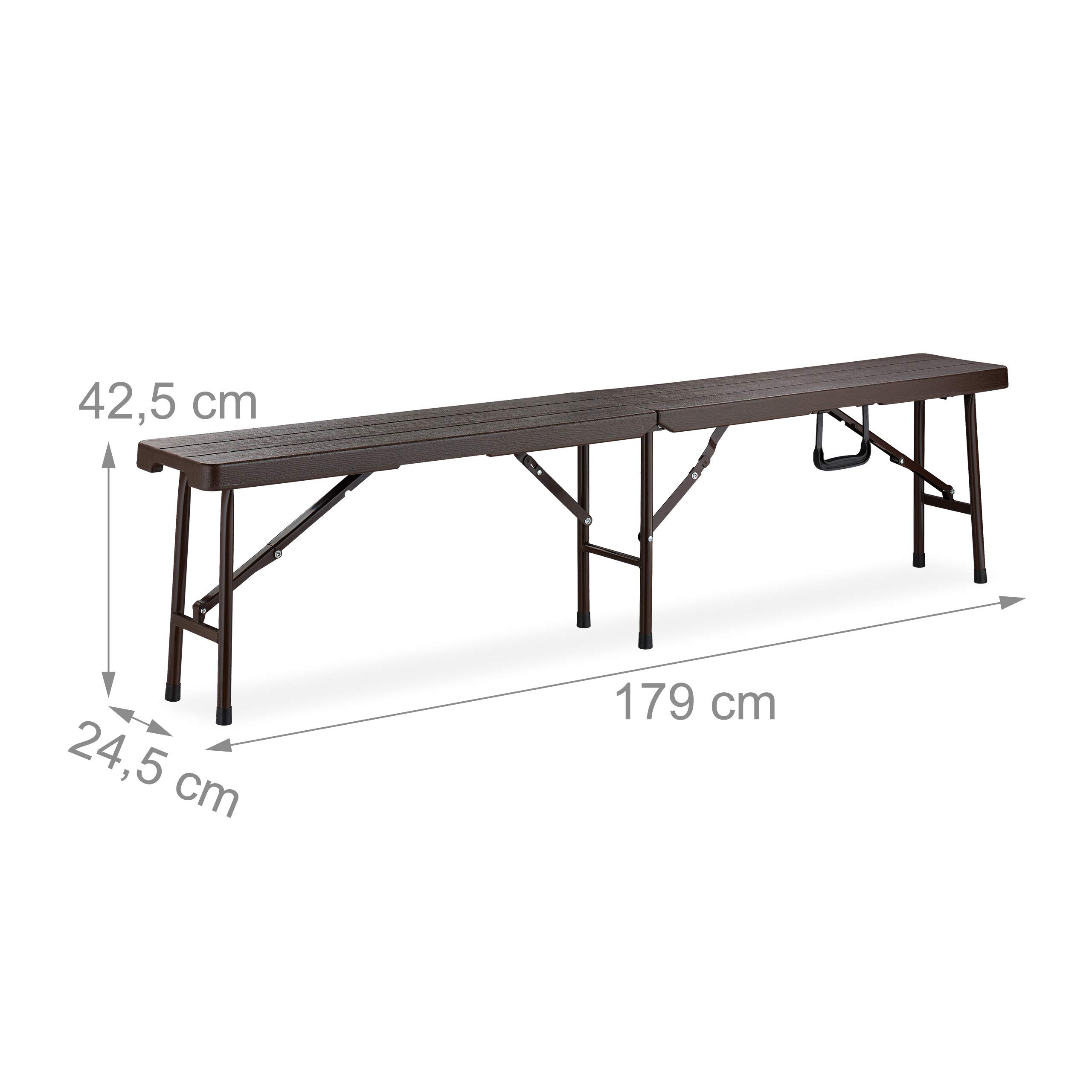 Relaxdays Banc Pliable Lot de 2, Pliant pour Balcon & Jardin, Plastique, Camping, Kermesse, 42,5 x 179 x 24,5 cm, Brun