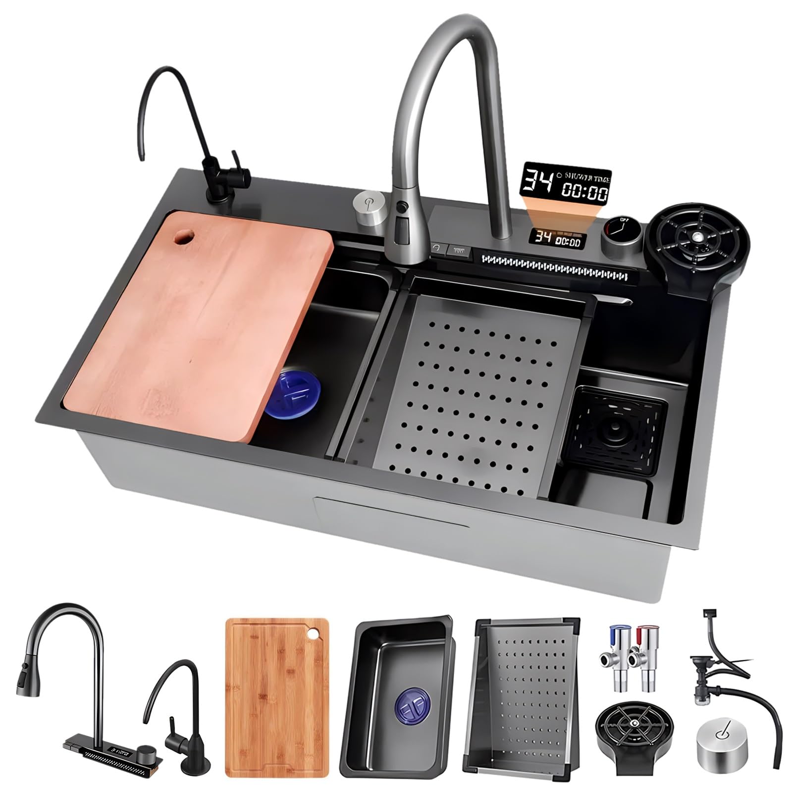 WIQUYBML Large Workstation Kitchen Sink, Multifunctional Bar Prep Sink With Waterfall Faucet, Cup Washer & Drain Kits, Stainless Steel Farmhouse Drop In Single Bowl Utensil Sink(A,80x45x21cm)
