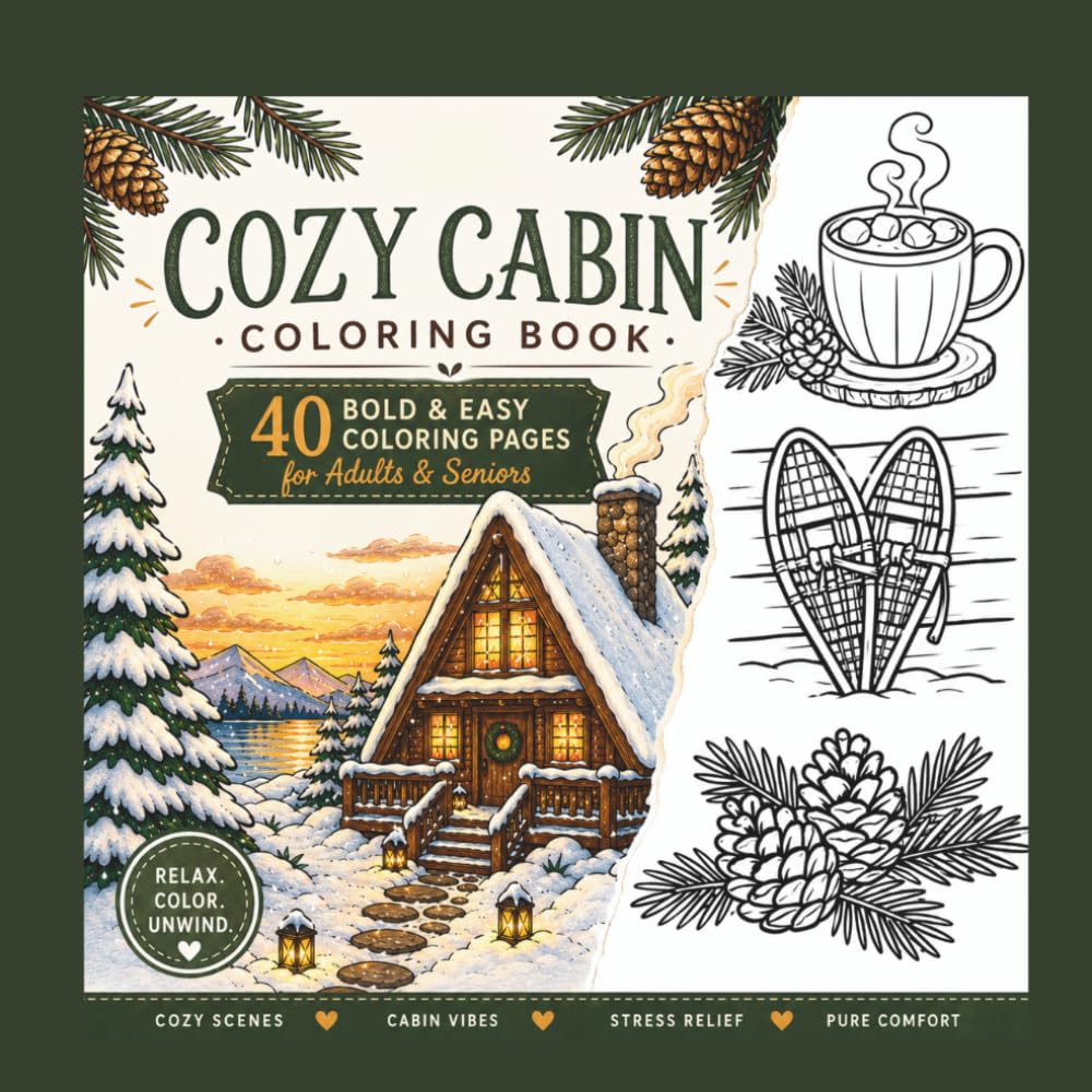 Cozy Cabins Coloring Book: 40 Bold & Easy Coloring Pages for Adults & Seniors Featuring Peaceful Cabins, Winter Forests, Fireside Scenes, and Rustic Comfort
