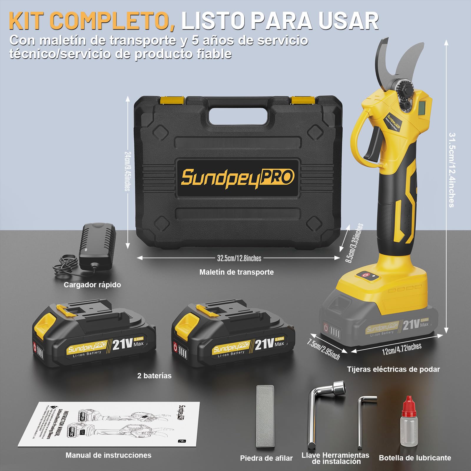 Tijeras de Podar Eléctricas Inalámbricas, SundpeyPRO Max 30mm Tijeras de Podar Sin Escobillas con 2 x 2,0Ah Baterías, Display LCD, Estuch, Tijera Poda Bateria para Jardín, Huertos, Ramas de Árboles