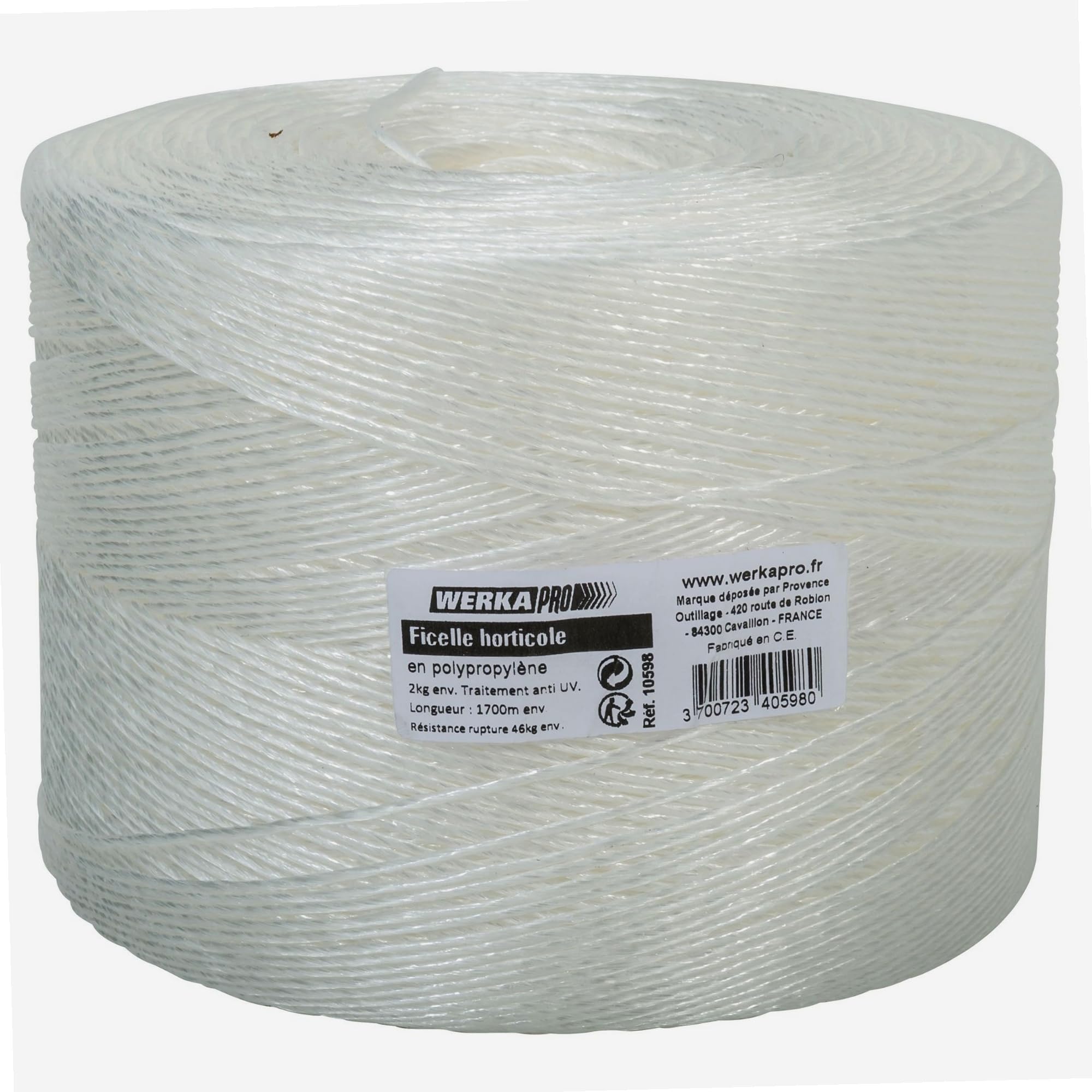 WERKA PRO Ficelle Horticole Blanche Bobine de 1700m - Polypropylène - Résistance 46kg - Traitement Anti-UV - Résistante aux Intempéries - Idéale pour Jardinage et Tuteurage - Code EAN 3700723405980
