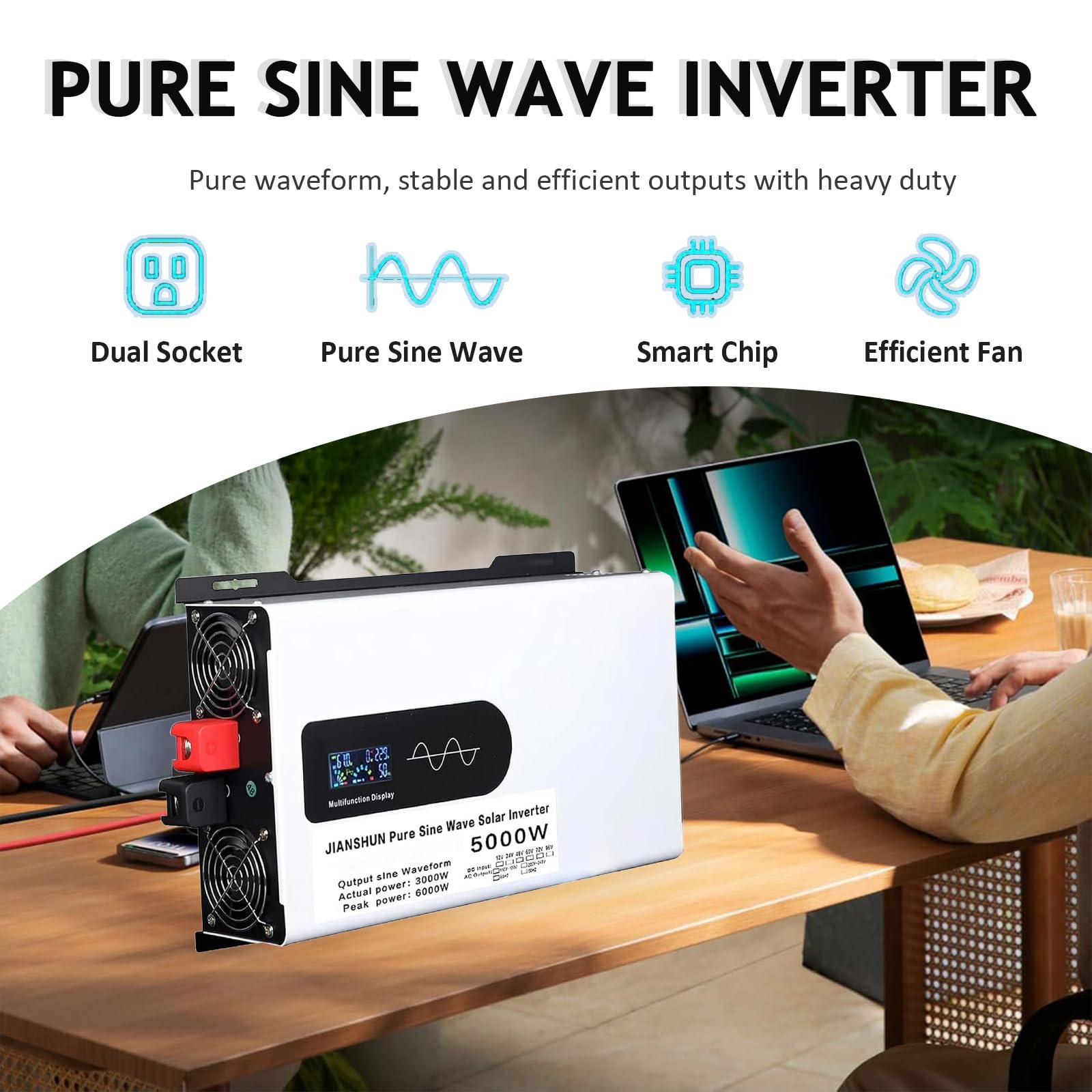 Inversor Solar híbrido de 5000 W, convertidor de 12V 24V 48V 60V 72V CC a 110V 220V CA con Pantalla LCD, inversor de Onda sinusoidal Pura para Camiones, hogares, vehículos,72V-5000W