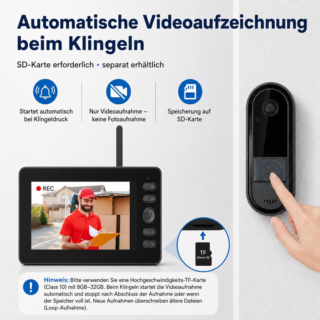 Funkklingel mit Kamera, Kabellose Video Türklingel mit 4,3" IPS Monitor, ohne WLAN & App, Türsprechanlage, Gegensprechfunktion, Monitoraktivierung per Tastendruck, 170° Weitwinkel, LED Nachtsicht,IP65