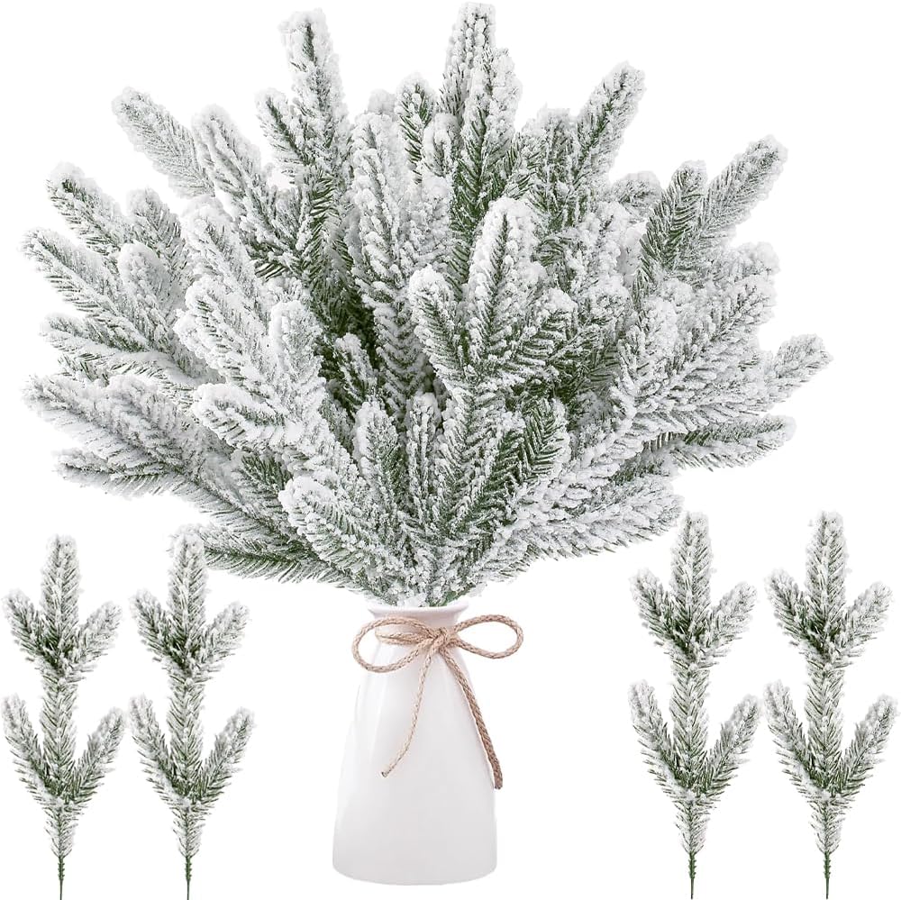 32 Pcs Christmas Snow Frosted Artificial Pine Branches Snowy Pine Needles Fake Greenery Tree Branches Spray Picks DIY Leaves for Christmas Wreaths Garden Party Holiday Decor 32 Pcs Christmas Snow Frosted Artificial Pine Branches Snowy Pine Needles Fake Greenery Tree Branches Spray Picks DIY Leaves for Christmas Wreaths Garden Party Holiday Decor