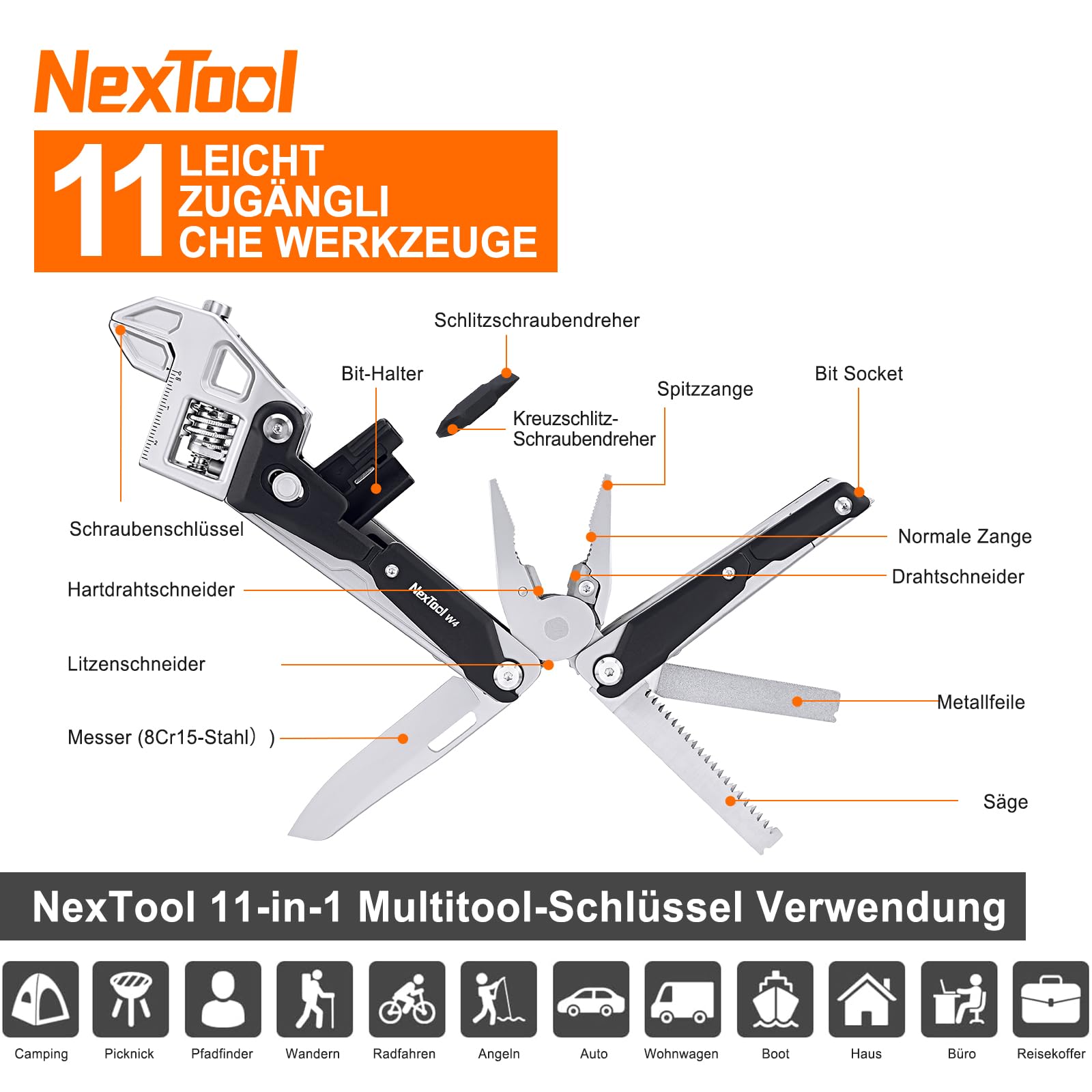 NEXTOOL W4 Multitool Regulowany klucz odchylny, 11-w-1 składane narzędzie EDC z szczypcami, nożem, piłami, wkrętakiem, multitool na kemping, wędrówki, prace domowe i prezenty (dla mężczyzn/miłośników
