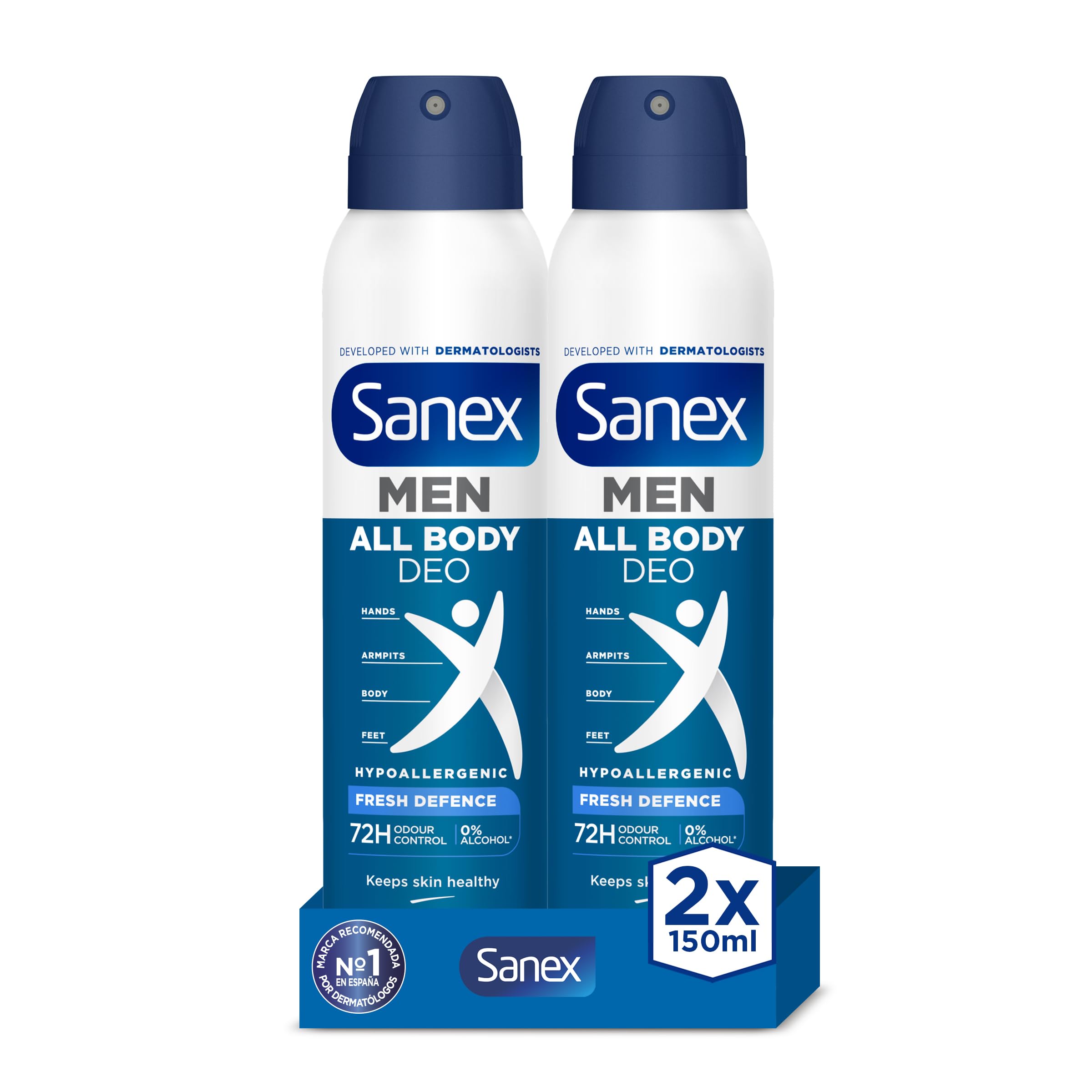 Sanex Spray Men Todo el Cuerpo Deo Frescor Total 150ml, Desodorante Manos, Axilas, Cuerpo y Pies, 72H Protección contra Olor Clínicamente Probada, Hipoalergénico, Delicado con Piel (Paquete de 2) en oferta en Amazon