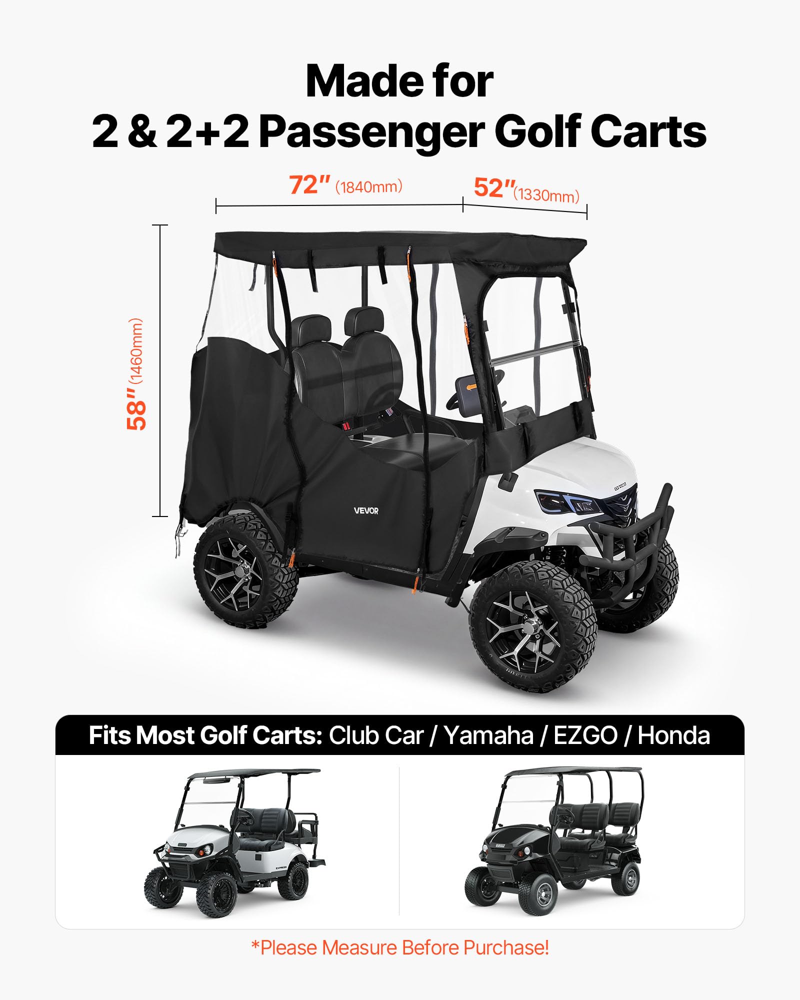VEVOR Golfwagenabdeckung Sichtbar für 2-Sitzer-Golfwagen (die Meisten Golfcart von Club Car, Yamaha, EZGO & Honda), Regenabdeckung aus 600D-Oxford-Gewebe, mit PU-Beschichtung & Winddichtem Hakensystem