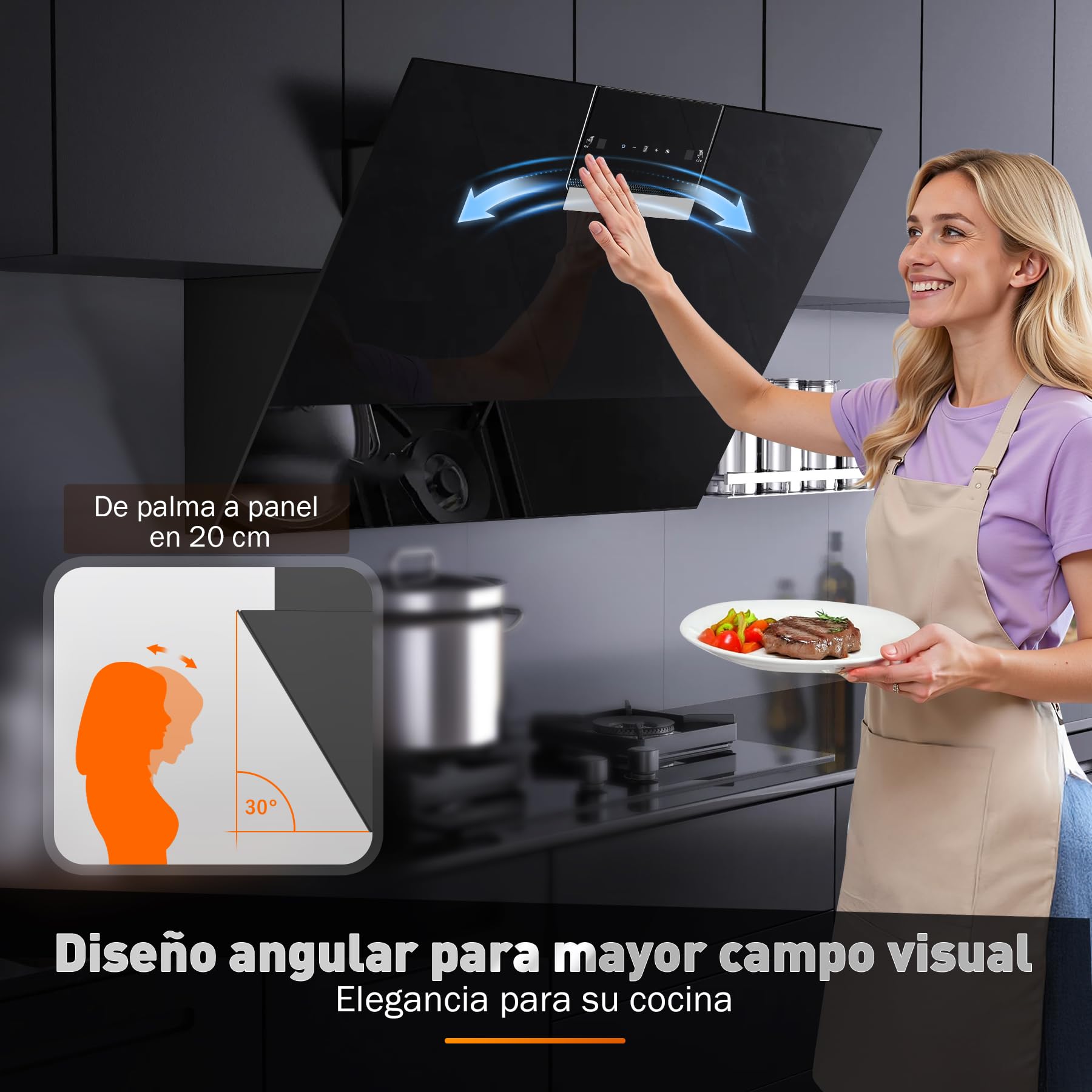 SNDOAS Campana Extractora 90 cm, 800 m³/h, Clase Energética A+++, 3 Velocidades + Modo Turbo, Panel Táctil, Gesture Control, Filtro de Carbono Activado, Recirculación/Extracción, Negro