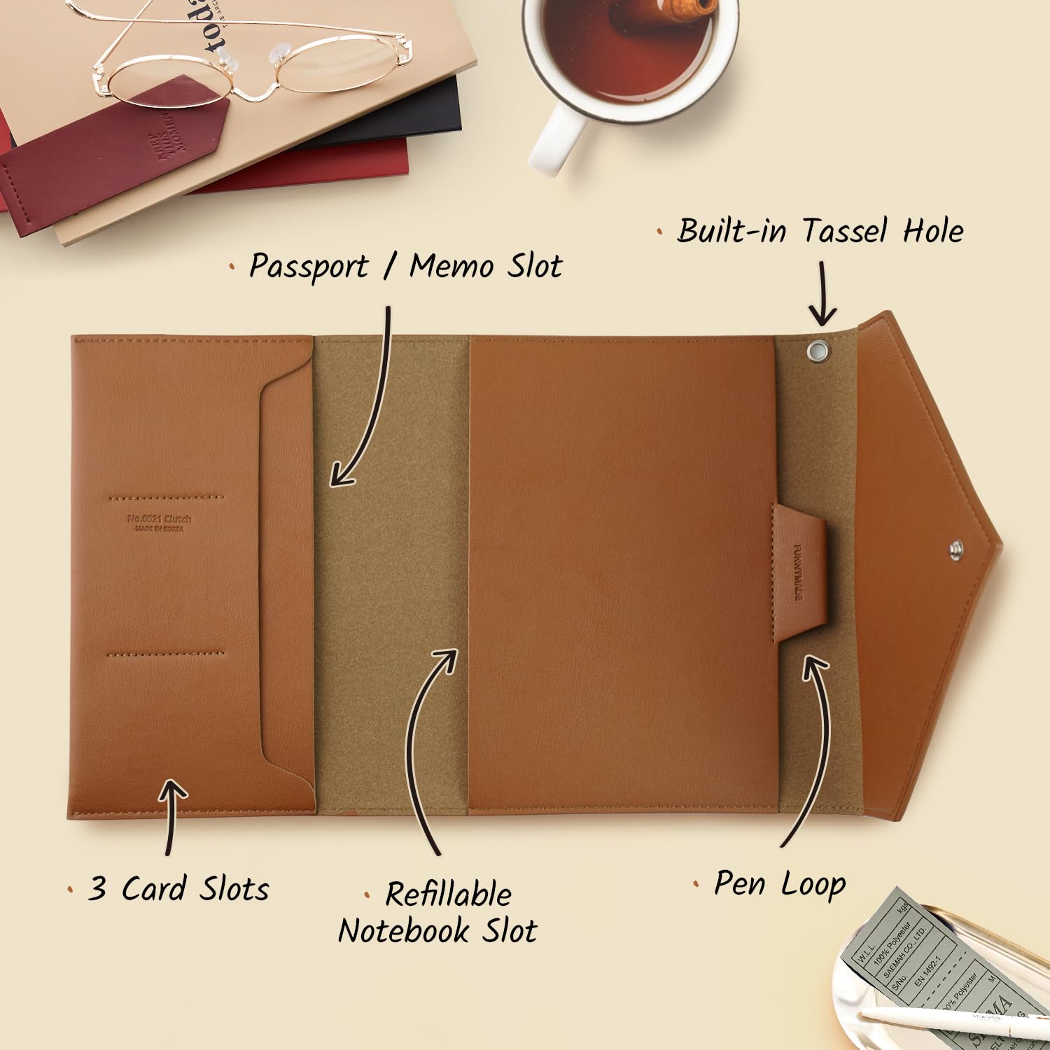 Agenda settimanale mensile non datata, formato A6, ricaricabile, con chiusura a scatto, con tasche per carte di credito e portapenne, diario di viaggio per lavoro e uso quotidiano, marrone