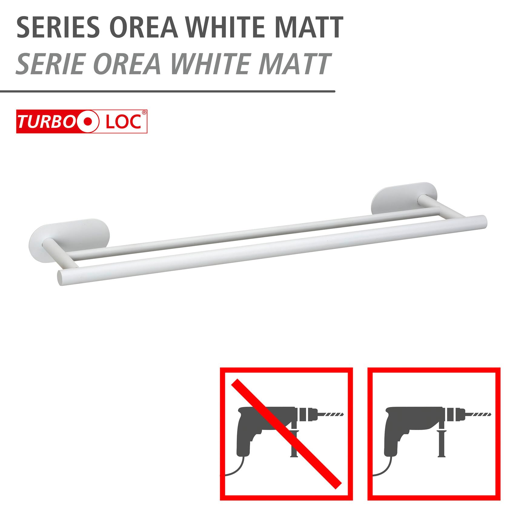 WENKO Turbo-Loc® Badetuchstange Duo Orea White matt, 60 cm, Doppel Handtuchstange aus rostfreiem Edelstahl, 60 x 4,5 x 12 cm, Weiß