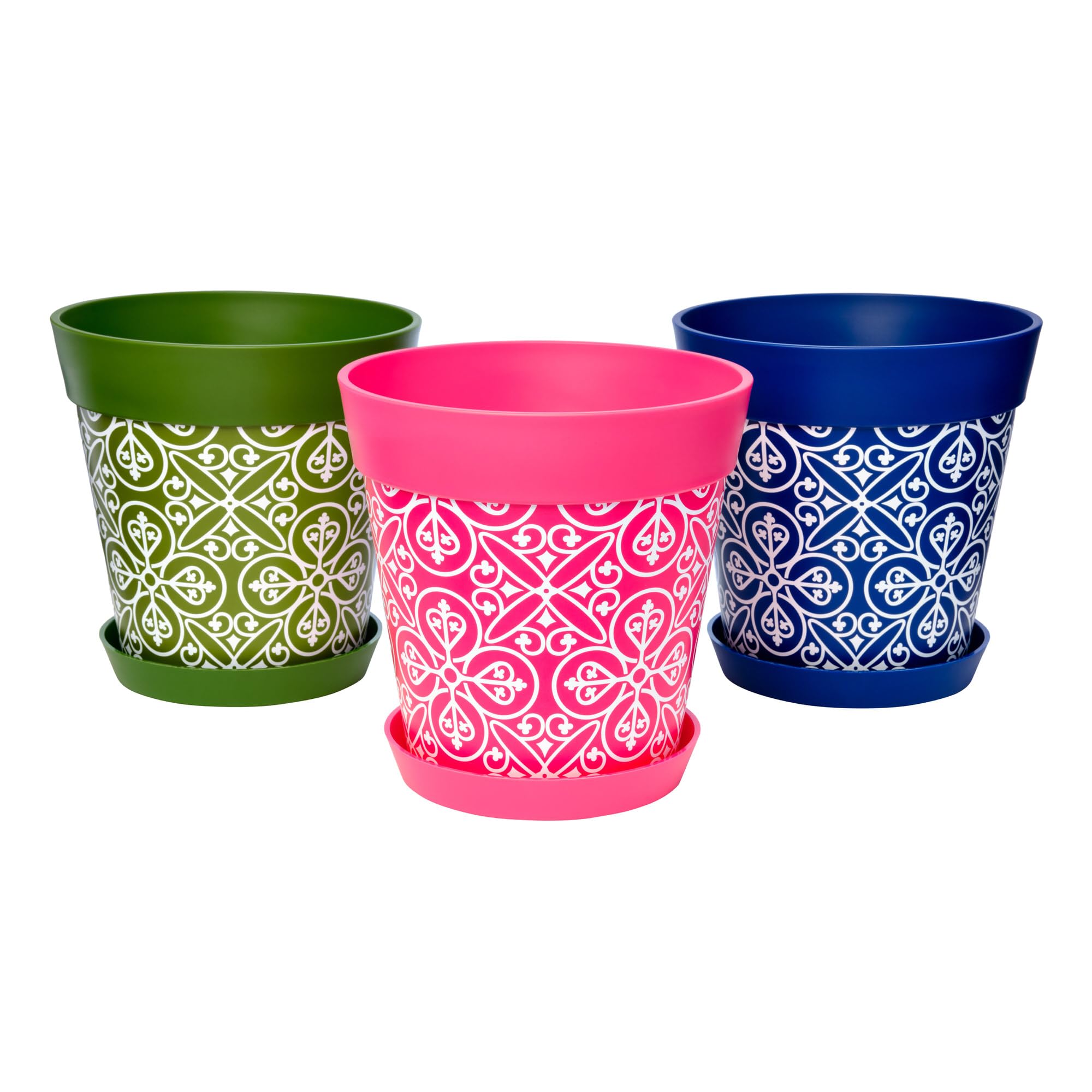 Hum Flowerpots Maroc Multi Set Of 3 Plastic, Indoor/Outdoor Plant Pots 22Cm Diameter And 3 Saucers 17Cm Diameter (Maroc Multi)