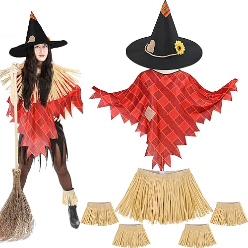 Juego de 5 piezas de disfraz de espantapájaros, incluye sombrero de espantapájaros, rafia, espantapájaros, pajilla, kit para Halloween, cosecha,