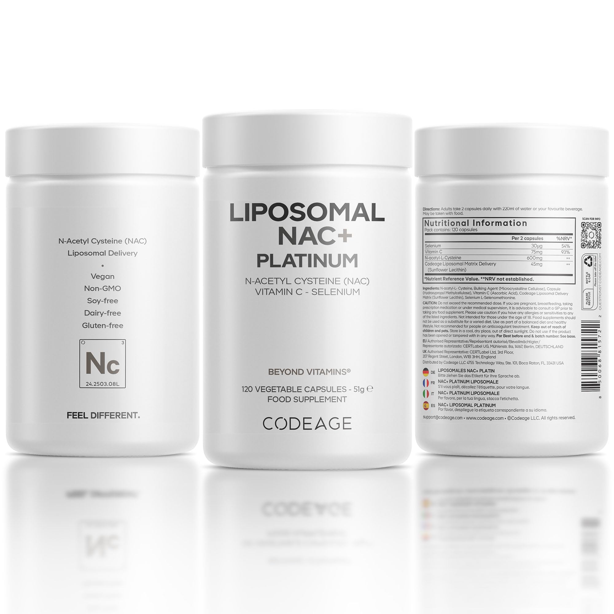 Codeage Liposomales Nac+ Platinum — N-Acetyl-L-Cystein Mit Vitamin C, Selen Und Liposomaler Verabreichungsmatrix — Veganes Nahrungsergänzungsmittel — Gentechnikfrei, Glutenfrei — 120 Kapseln