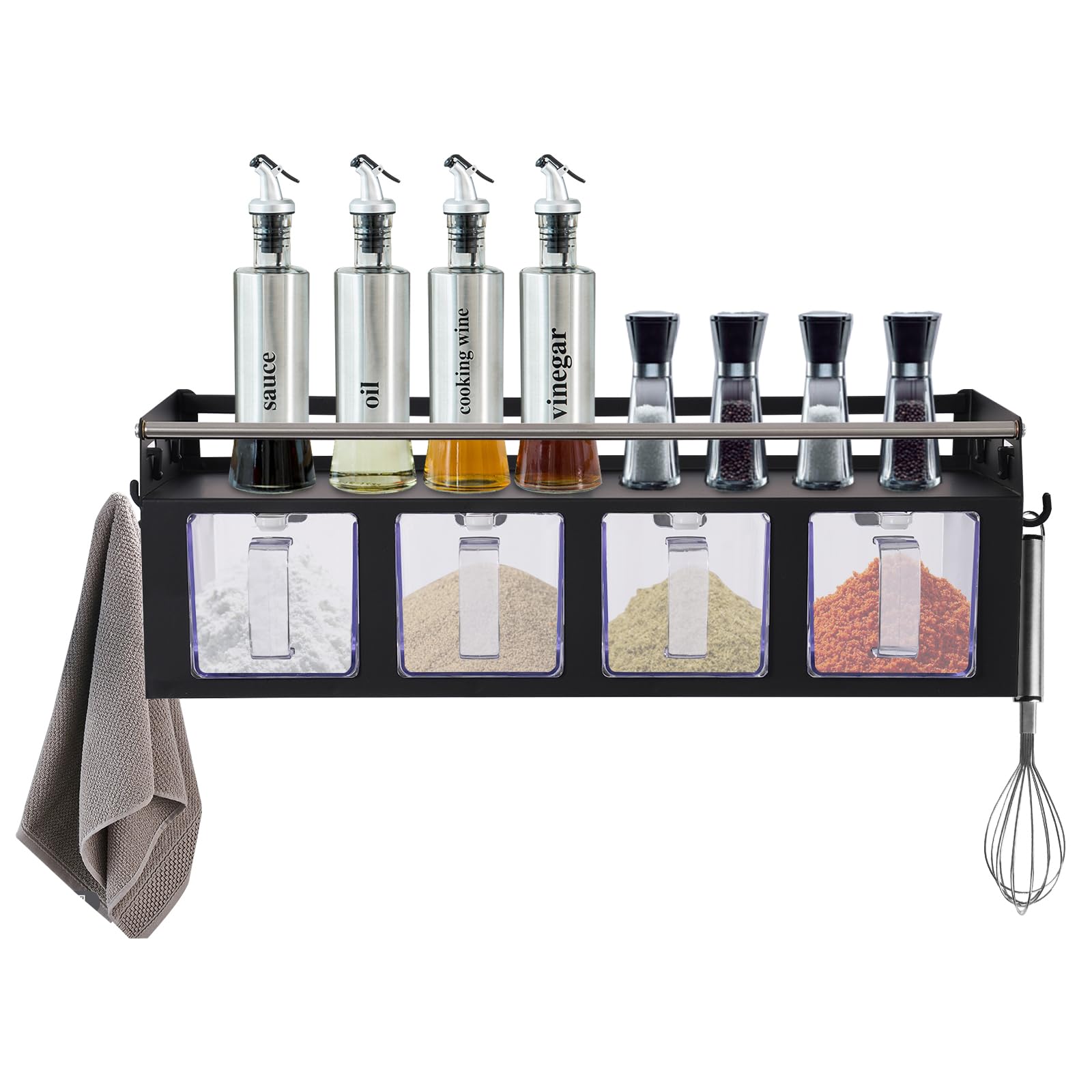 Étagère à épices murale à 2 niveaux avec 4 pots à épices et crochets, sans perçage, capacité de 15 kg, compact 39,5 x 13,5 cm, solution de rangement de cuisine élégante noire
