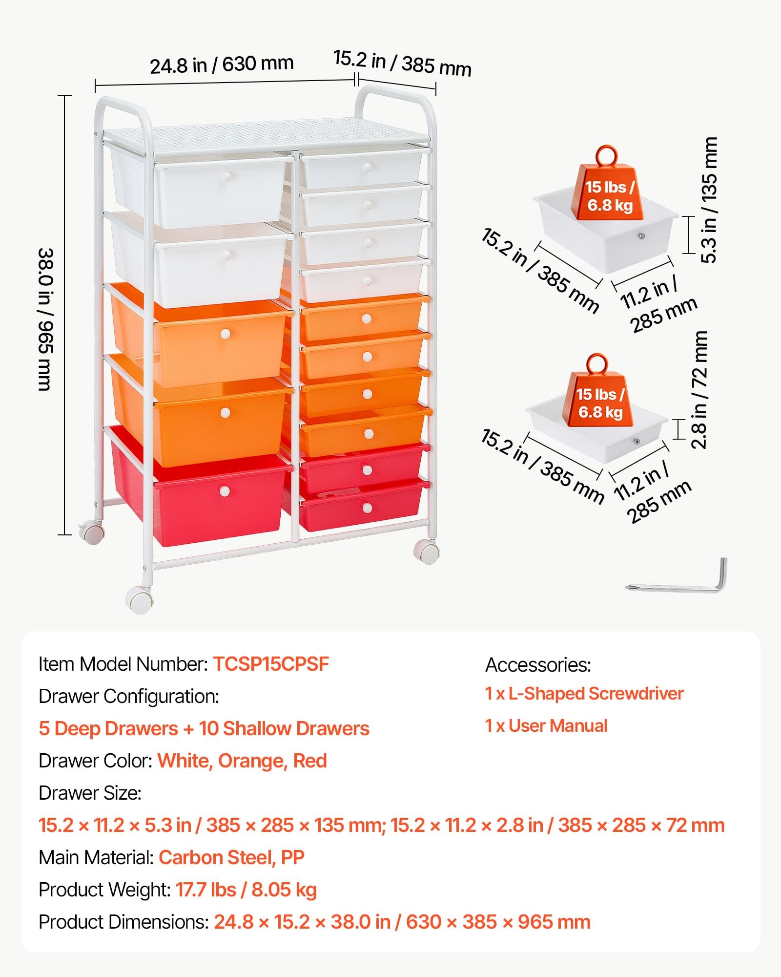 VEVOR Carrello Multiuso con Cassetti, Organizer a Doppia Fila con 15Cassetti, Carrello Portaoggetti, Telaio in Acciaio Verniciato, Ruote Girevoli a 360° con 2 Freni, per Ufficio, Garage, Rosso Sfumato
