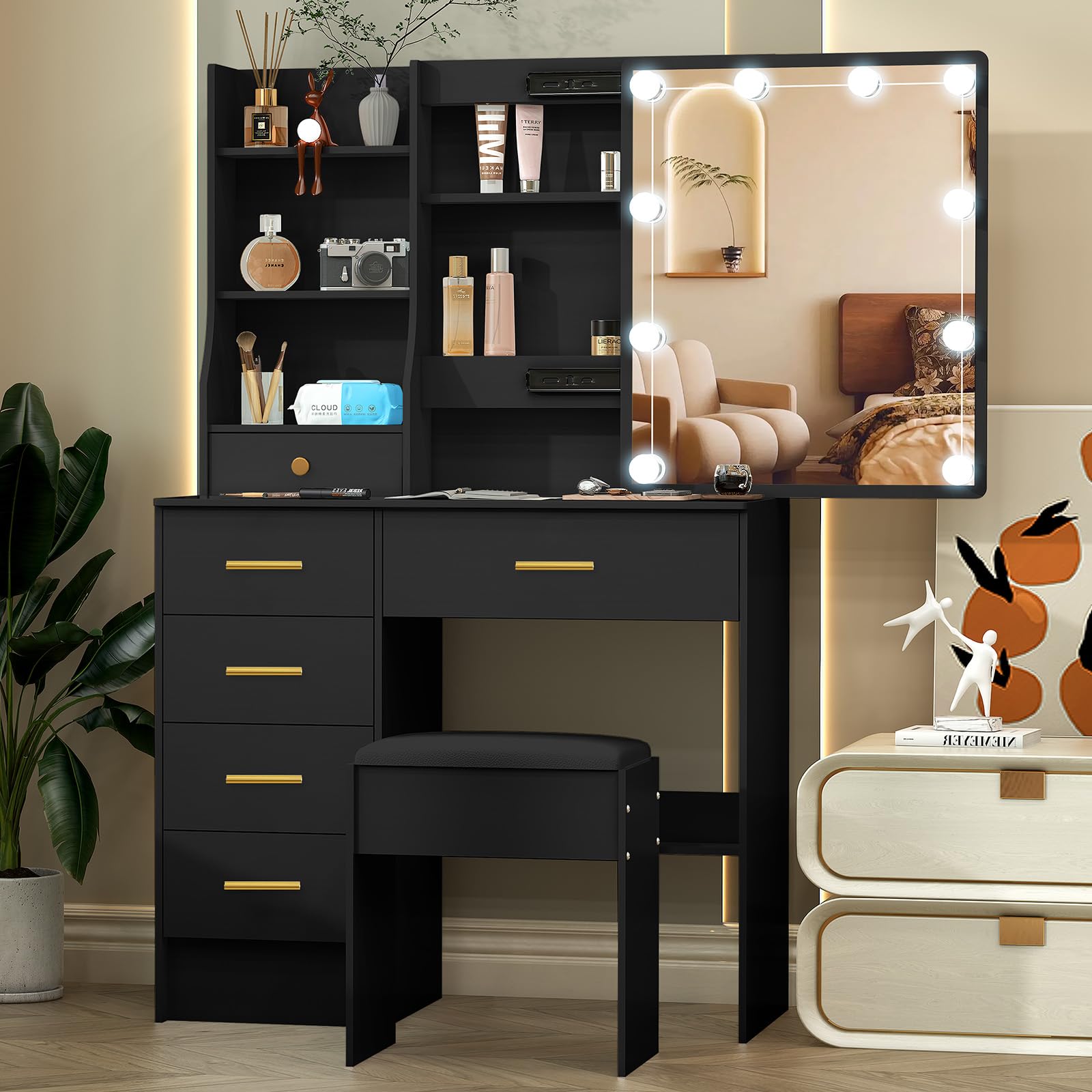 Toeletta da Trucco con Specchio Scorrevole e Sgabello, Scrivania Make Up Ampia con Luci Dimmerabili e Guida Video, Postazione Trucco con 6 Cassetti e 6 Ripiani, Nero, 36×80×131 cm, J328