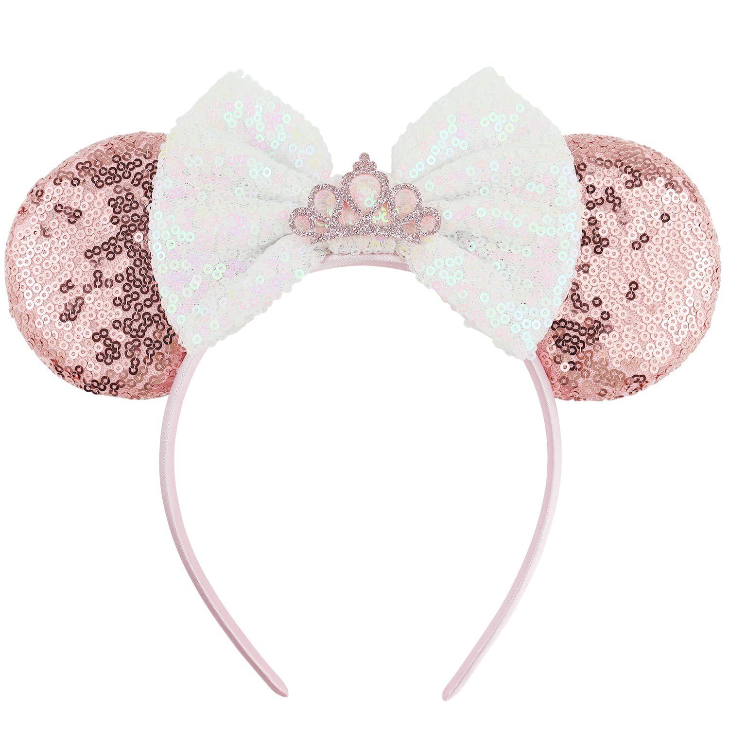 LIHELEI Mouse Ears Headband for Princess, Salmon Pink Sequin Mouse Ears for Princess Birthday Party Halloween Costume, Shiny Park Ears for Adult -