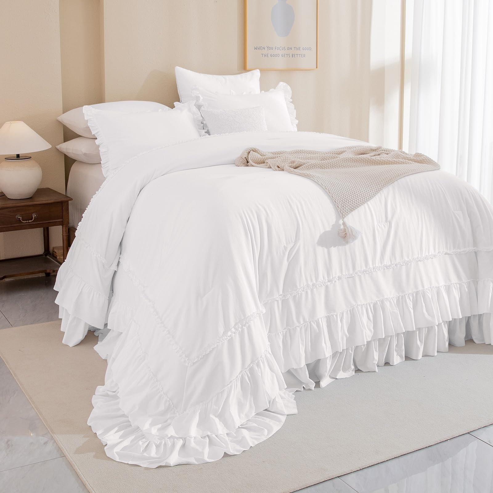 QSH 3PCs Natural White Ruffled Oversized King Comforter 120x120, Shabby Boho Chic Farmhouse Ruffle Bed Comforter Set California King Comforter Ultra Soft Microfiber Lightweight Fluffy Bedding