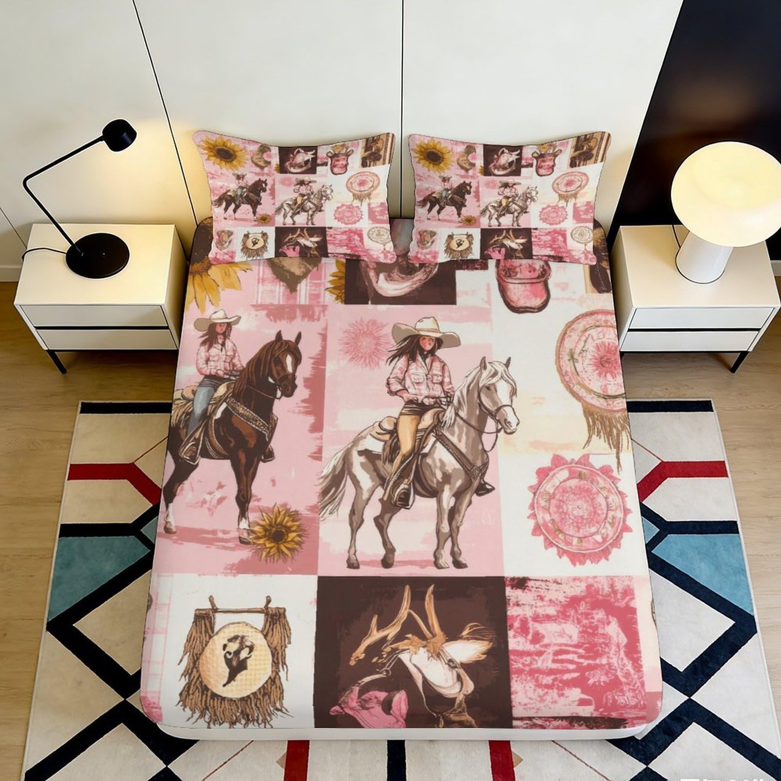 3D Printed Western Cowgirl Rodeo Fitted Sheet Microfiber Soft Pink Horse Bed Cover for Bedroom Guest Room Decor 120x200x25cm