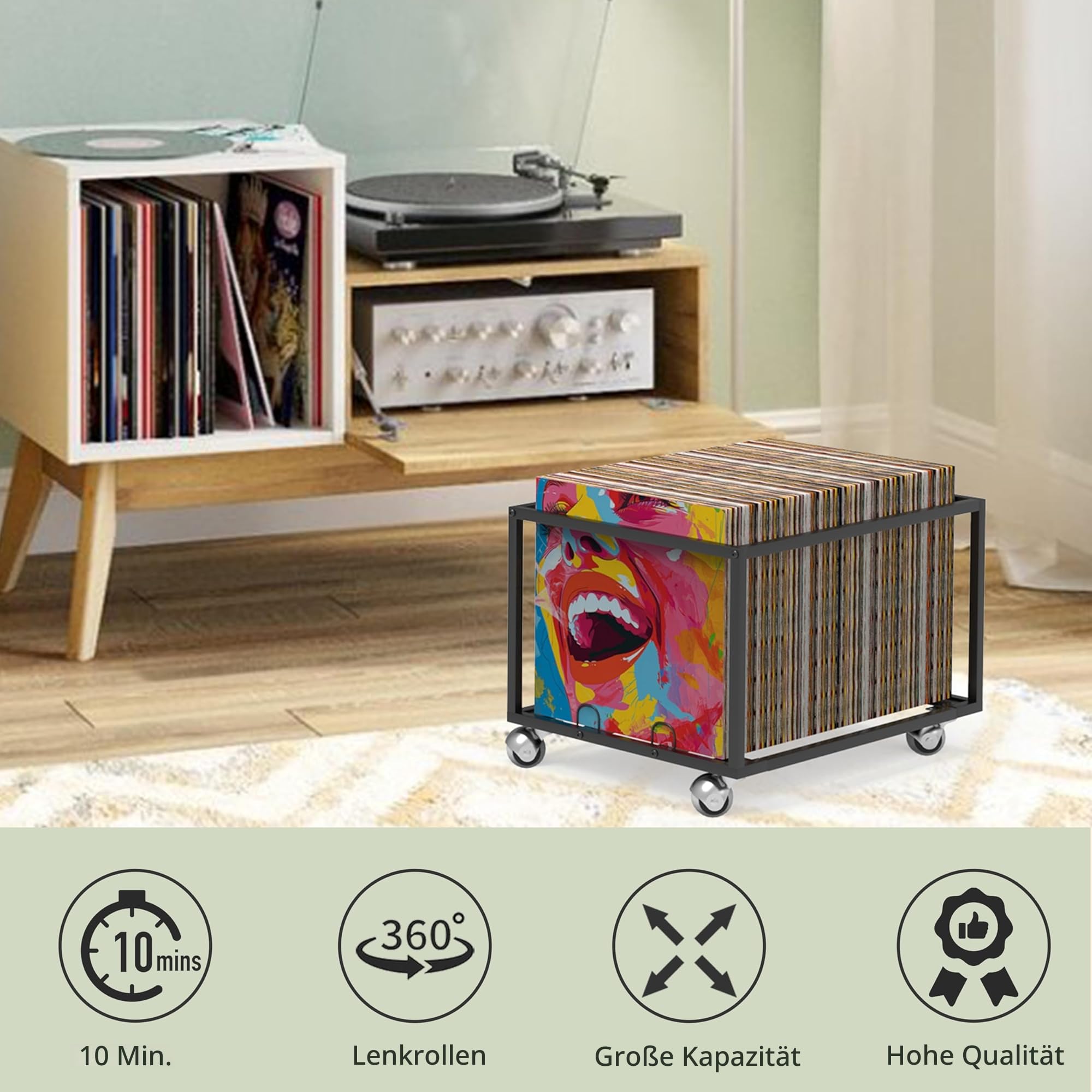Schallplattenaufbewahrung auf Rädern, stabile Metallstruktur, hält bis zu 100 Alben, stilvoller Organizer für Ihre Vinyl-Sammlung