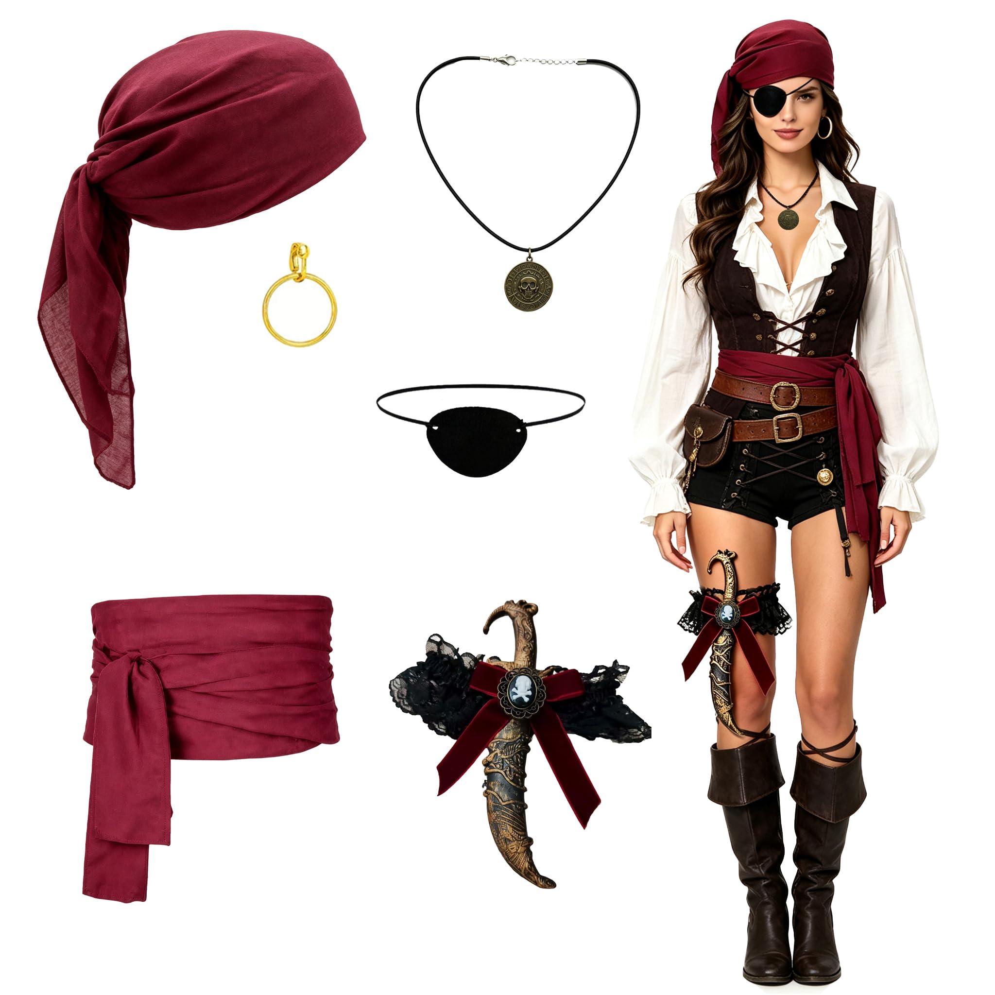 Pirate Costume Women, 6PCS Pirate Accessories for Ladies with Pirates Hat, Belt, Eye Patch, Sword Leg Band, Adults Fancy Bandana & Corset for Halloween, Dark Red Female Outfits for Role Play Party