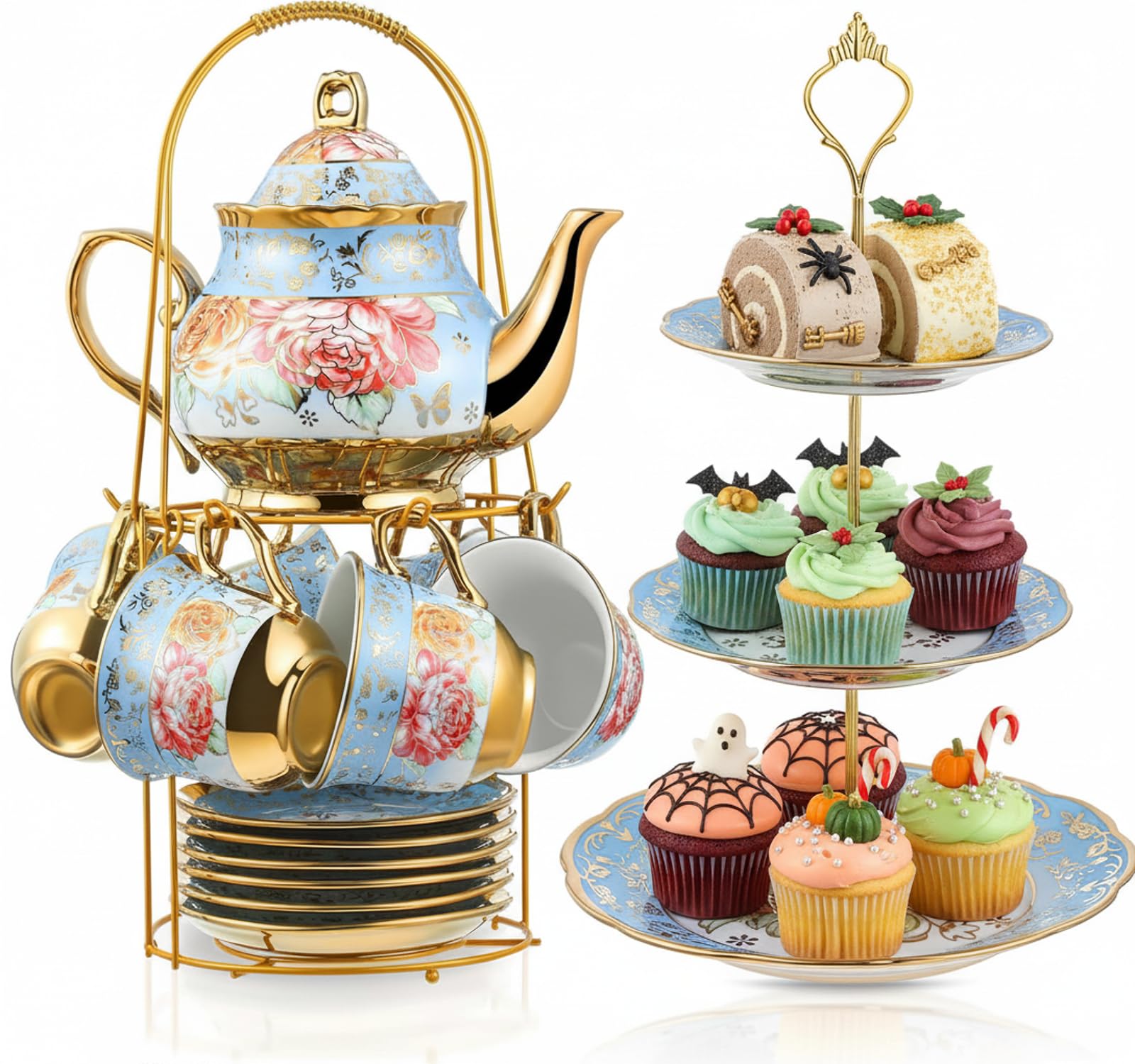 Maxcheck 21 Pcs Tea Party Set for Adults European Floral Tea Set with Metal Holder and 3 Tier Ceramic Cake Stand Porcelain Flower Cup Teapot for Dessert Cupcake (Advanced Style)