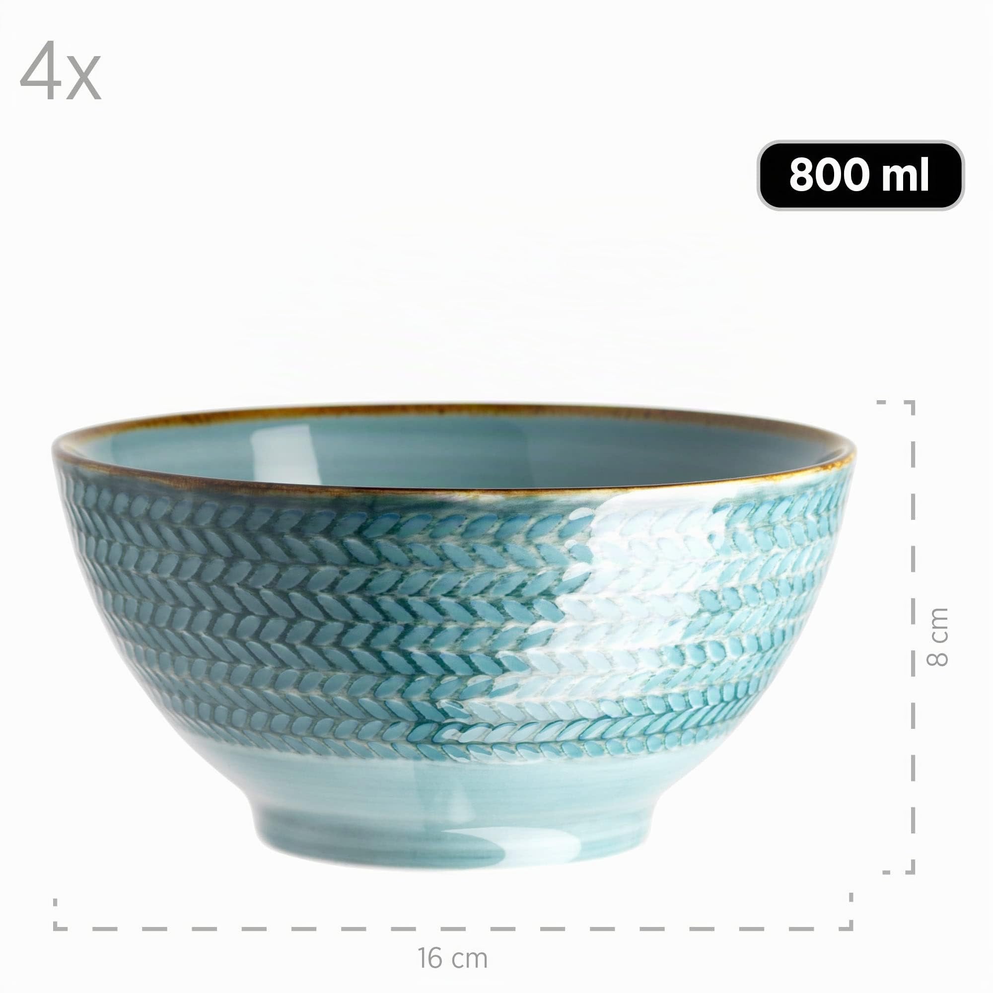 MÄSER 935012 Serie Prospero Müslischalen Set aus 4 handbemalten Schalen in Gastronomie-Qualität, ideal auch als Suppenschüsseln, moderner Vintage Stil, Durable Porzellan, Blau