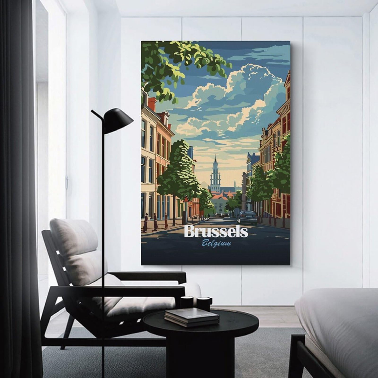 Junmoney Brussels, Belgium Cityscape Illustration Canvas Wall Picture, 16x24inch(40x60cm), for Wall Displays, Bedrooms Or Room Updates, Wall Decor Suited to Curated Displays
