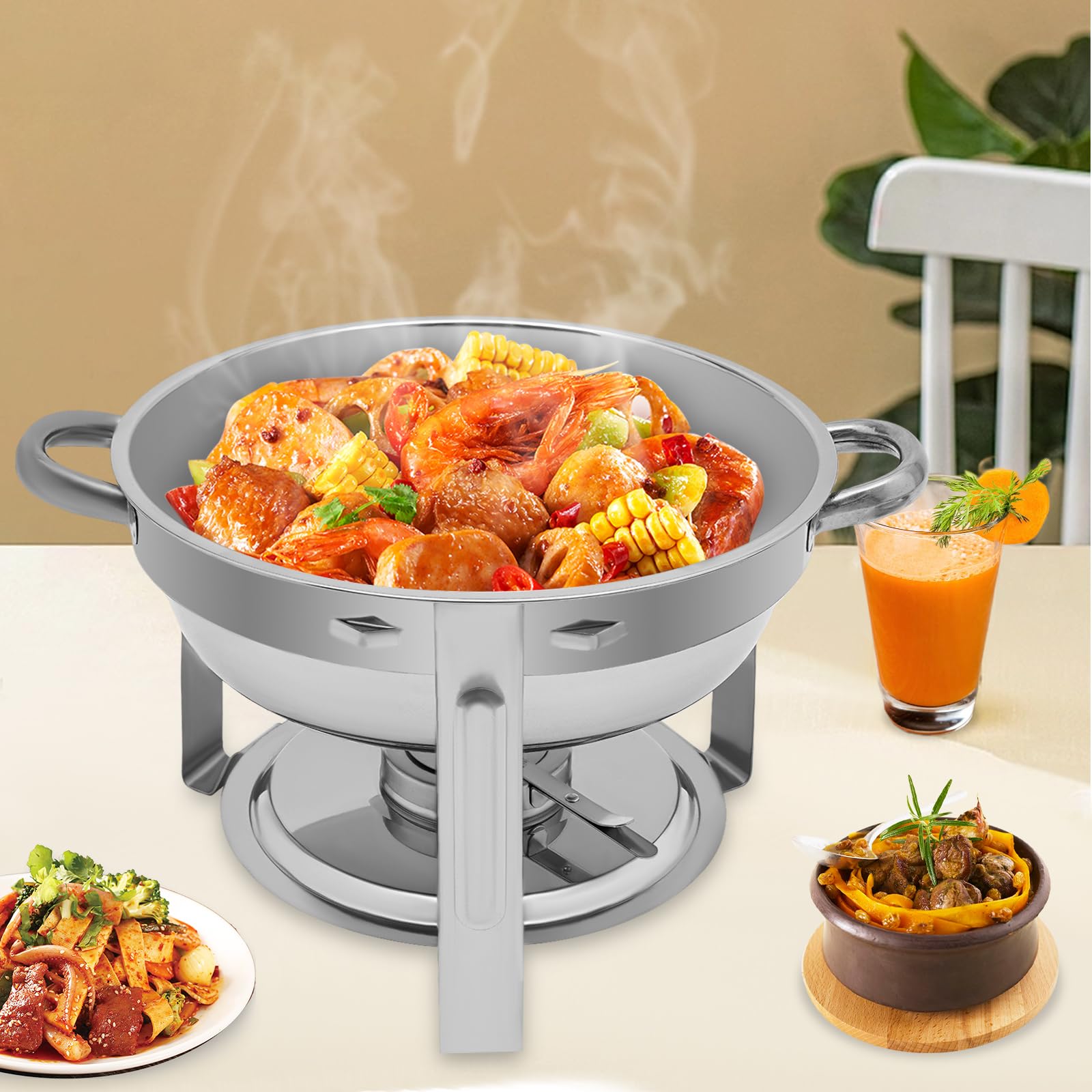 scaldavivande Chafing Dish rotondo con coperchio in vetro con contenitore per pasta combustibile e padella per alimenti, contenitore per alimenti contenitore, argento, 5 litri, per catering buffet e