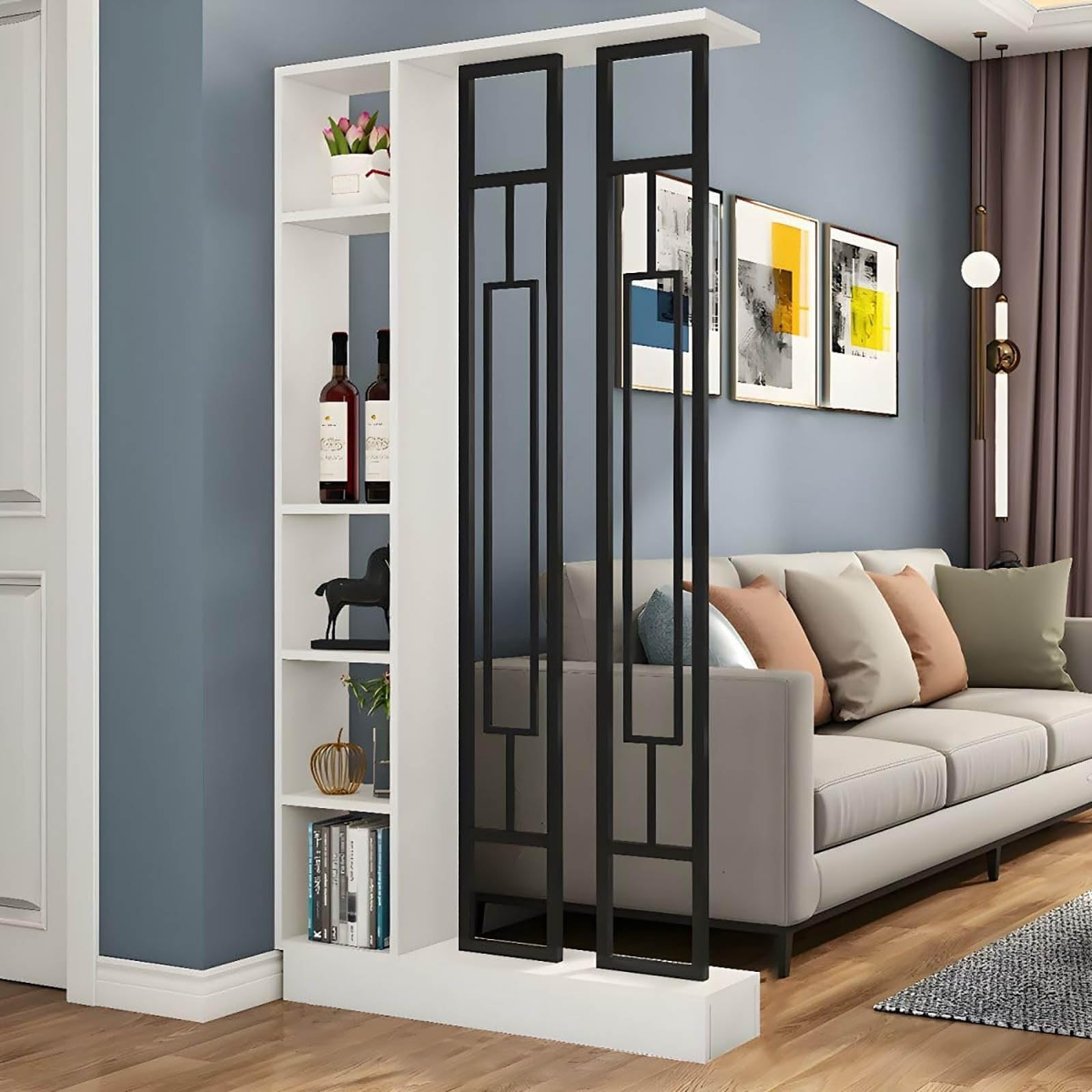 Entrance Hall Partition Screen Column Floor to Ceiling, Privacy Screens Room Partition Post with Storage Compartments, Freestanding Room Divider with Shelves for the Living Room, Studies, etc.(White+B
