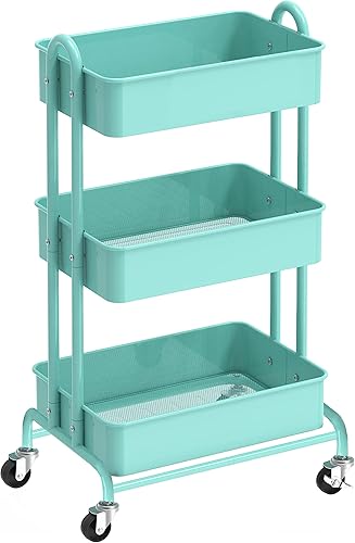 Miniatura 2 de Ceayell - Carrito de almacenamiento de metal con 3 niveles, carrito de utilidad resistente con ruedas con cerradura (Turquesa)