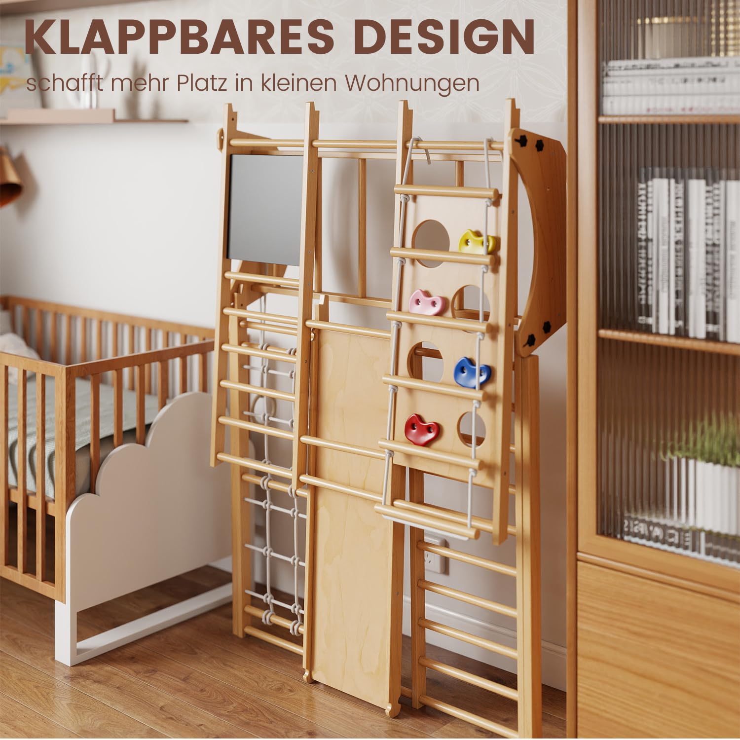 Klettergerüst Indoor Klappbar, Montessori 9-in-1 Holzspielplatz mit Rutsche, Schaukel & Kletternetz, Sprossenwand Kletterdreieck für Kinder 1-6 Jahre (Natur)