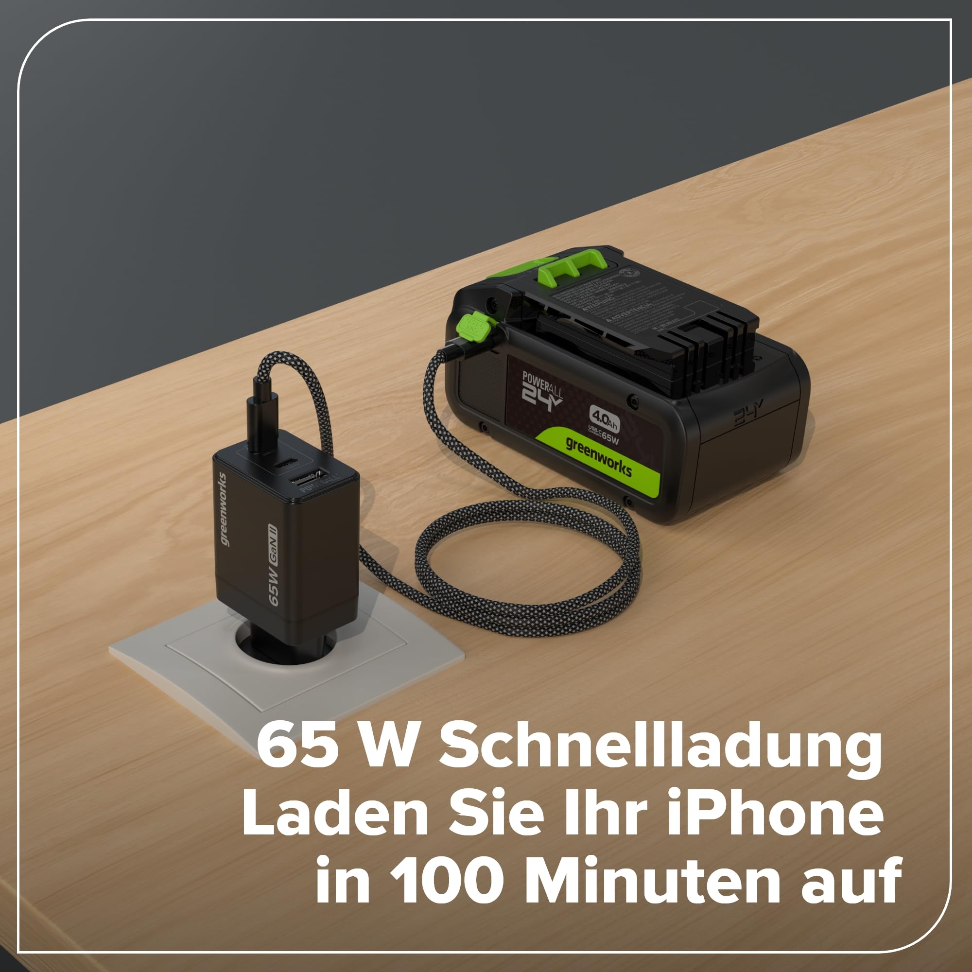 Greenworks 24 V 4 Ah bateria ricaricabile USB-C & caricabile USB-C da 65 W & cavo da 100 W, bateria kompatybilna z Con Tutti GLI oltre 200 dispositivi Greenworks da 24 V, 2 anni di garanzia - K2S2BEA