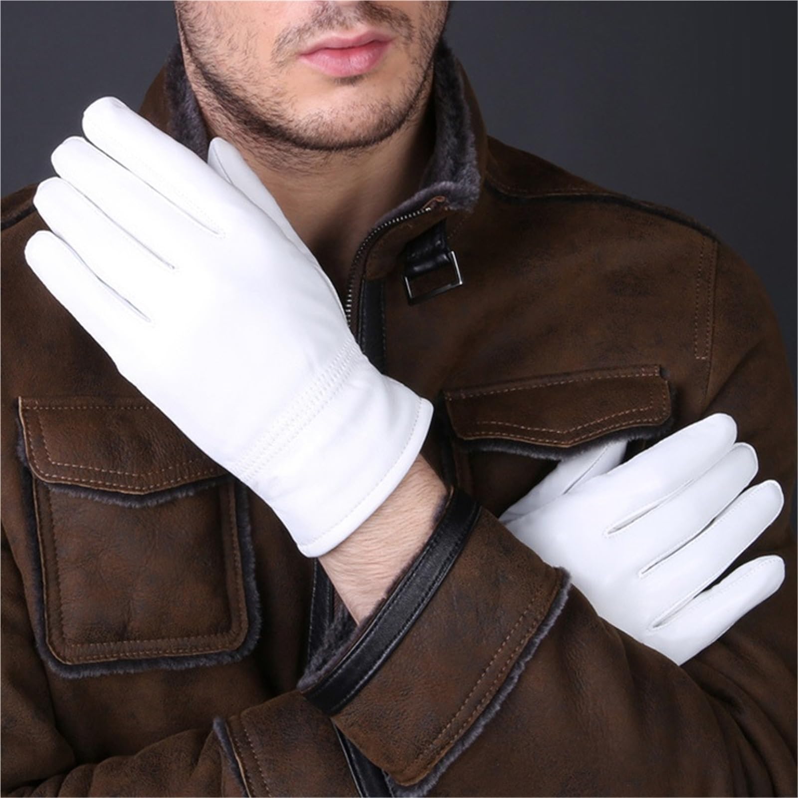 Guantes de Conducir de Cuero Guantes de cuero blancos for mujer y hombre, con botones sólidos en la muñeca, piel cordero for conducir