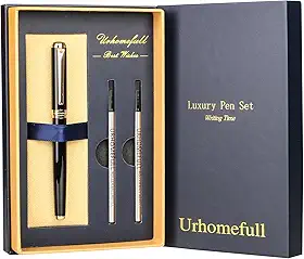 Impressionante caneta esferográfica de luxo com acabamento em ouro 24K, ponta suíça com recargas de tinta preta, conjunto de para homens e mulheres, conjunto de escrita elegante para negócios, preto brilhante