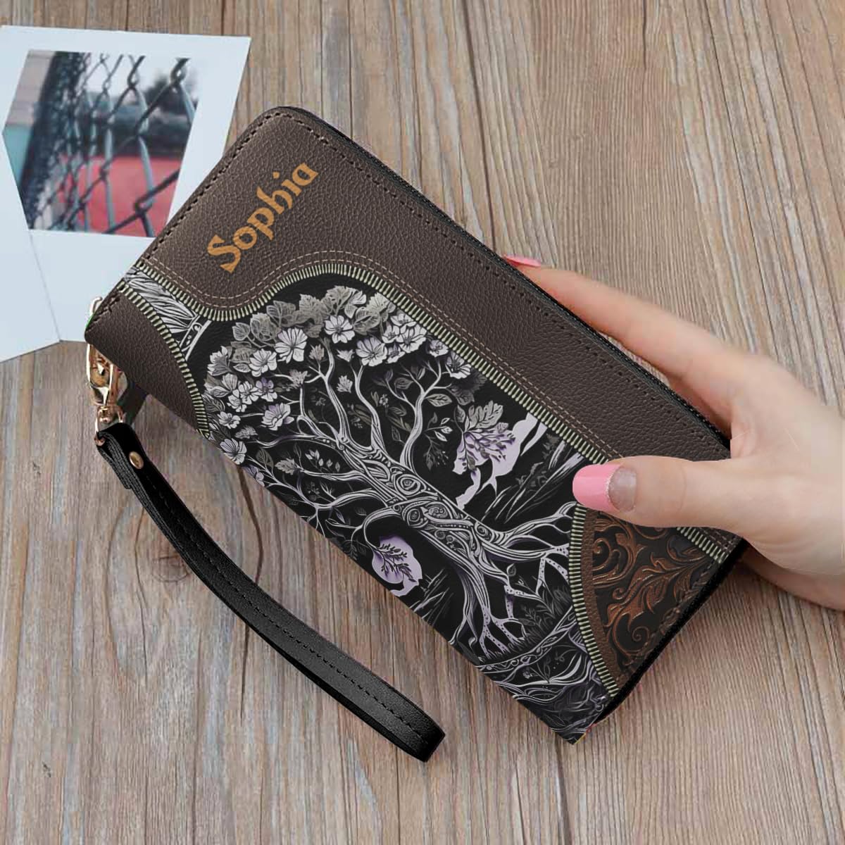 Personalized Tree Of Life Women Leather Wallet, Custom Name Tree Of Life RFID Blocking Zip Wallet, Pocket Long Ladies Travel Clutch Wristlet, Unique Gift for Girl Women (Tree)