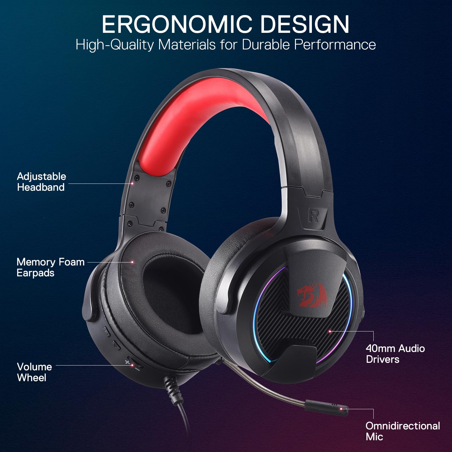 Redragon H315 RGB Casque de jeu – Casque d'ordinateur filaire avec pilotes de 40 mm, microphone antibruit, connexion USB, design léger et coussinets d'oreille en cuir synthétique souple pour un