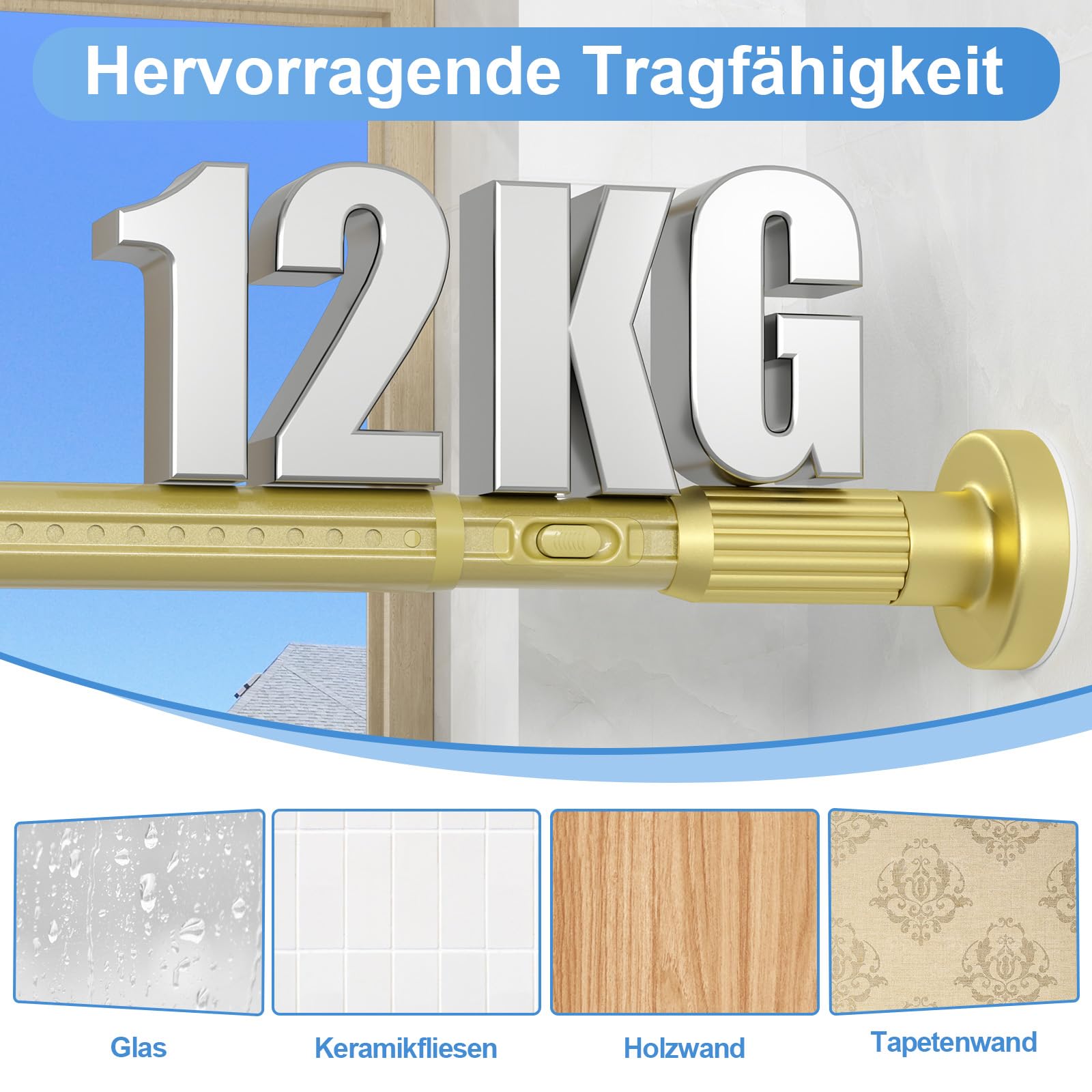 Tringle à rideau dorée sans perçage 100-372 cm Ø 32 mm Tringle à rideau sans perçage