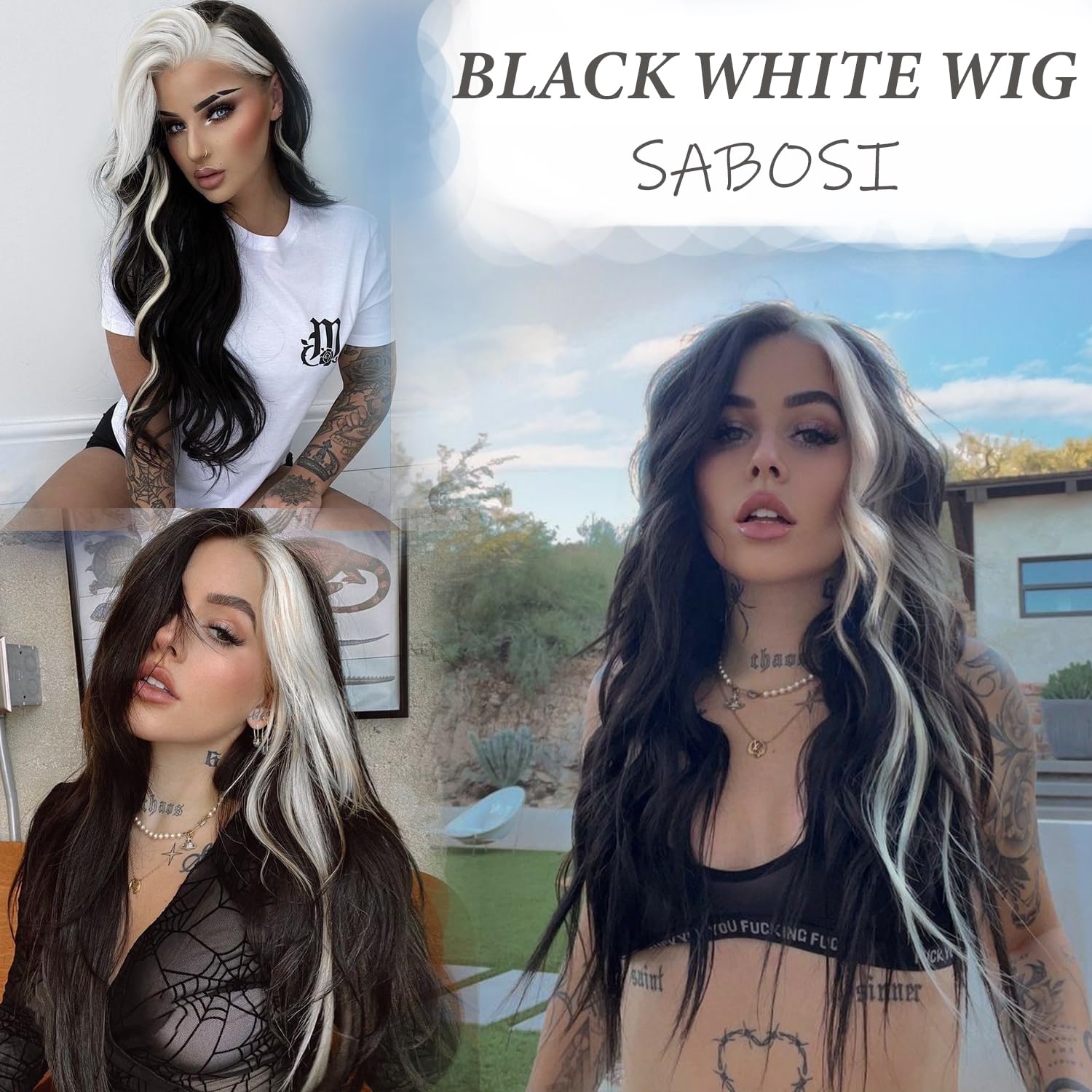 Sabosi Long Wavy Black White Wigs for Women 26 Inch Middle Part Curly Wavy Wig Natural Looking Synthetic Heat Resistant Fiber Wig for Daily Party Use… - Image 4