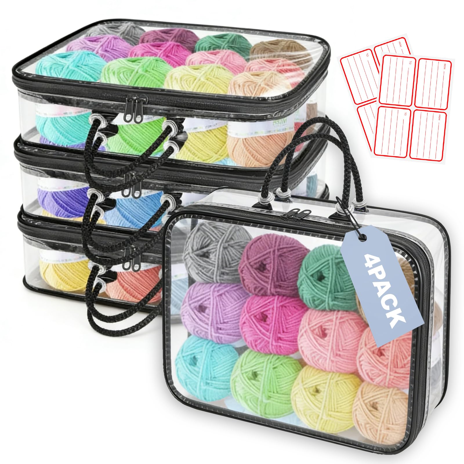 4Pcs Clear Yarn Storage Organiser Portable Plastic Craft Bag with Handle Dust-Proof Wool Storage Bag with 4 Lables Knitting Organizers with Smooth Double Pull Zip for Storing Yarn, Gloves or Toys