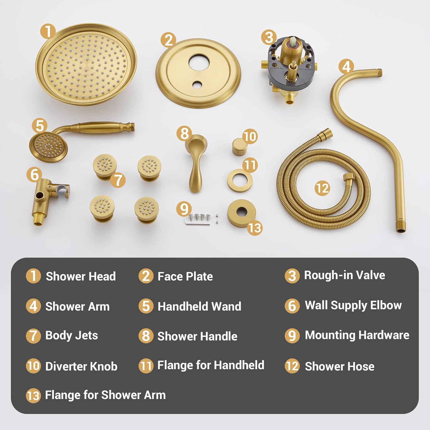 DASAN Antique Shower Faucet Sets Complete Rain Shower System in Wall with Body Shower Spray Jets, Brushed Gold Shower Fixtures with 9'' Rainfall Overhead Shower, Handheld, Valve & Trim Kit, AT249W-BTG