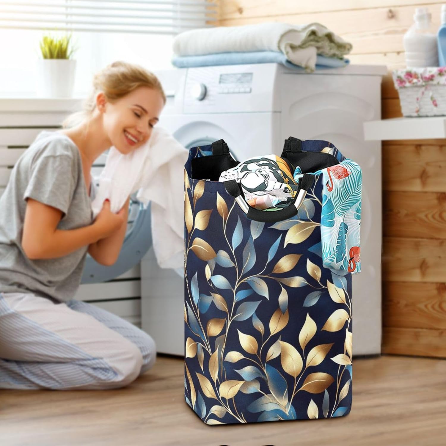 Kigai Blue Gold Leaves Laundry Basket with Handles Waterproof Collapsible Laundry Hamper Large Storage Bin Clothes Toys Organizer Washing Bin for Bedroom Nursery Dorm