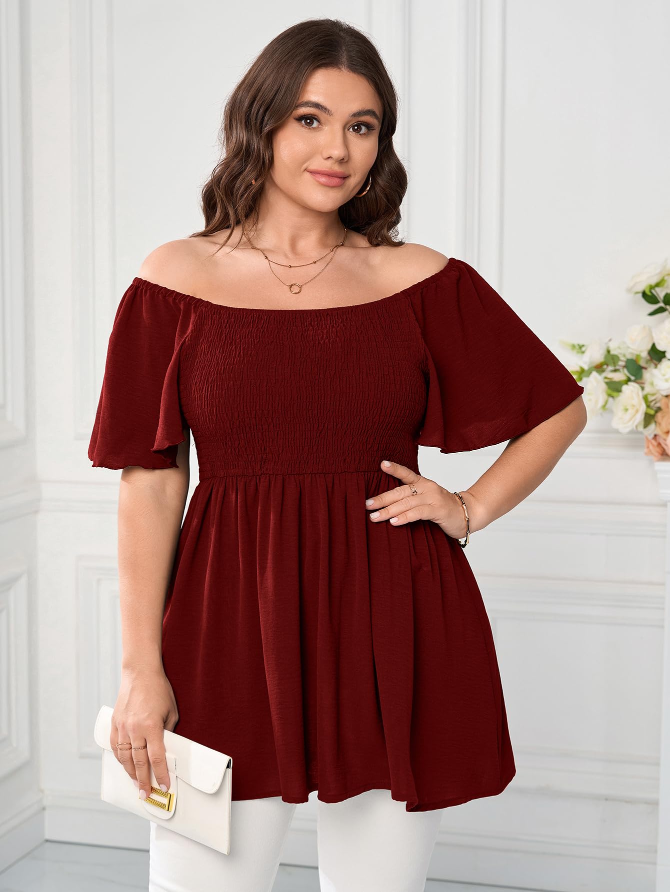 SHESTARR Haut habillé grande taille pour femme, col carré, manches courtes, smocké, péplum