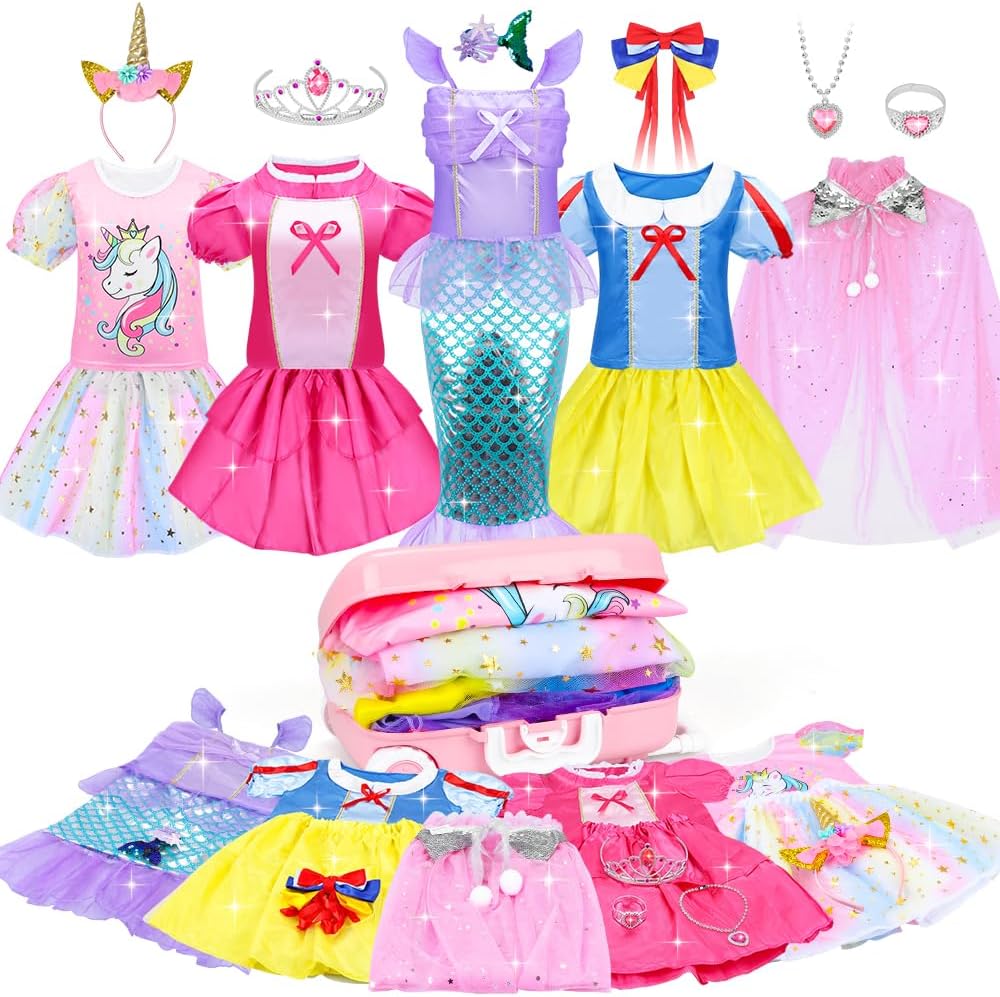 Princess Costumes for Girls,16 Pcs Princess Dress Up Clothes for Little Girl Fancy Dress Up Clothes for Kids Toddlers Party Birthday Gifts for Girls Age 3 4 5 6 7 8+ Year Old