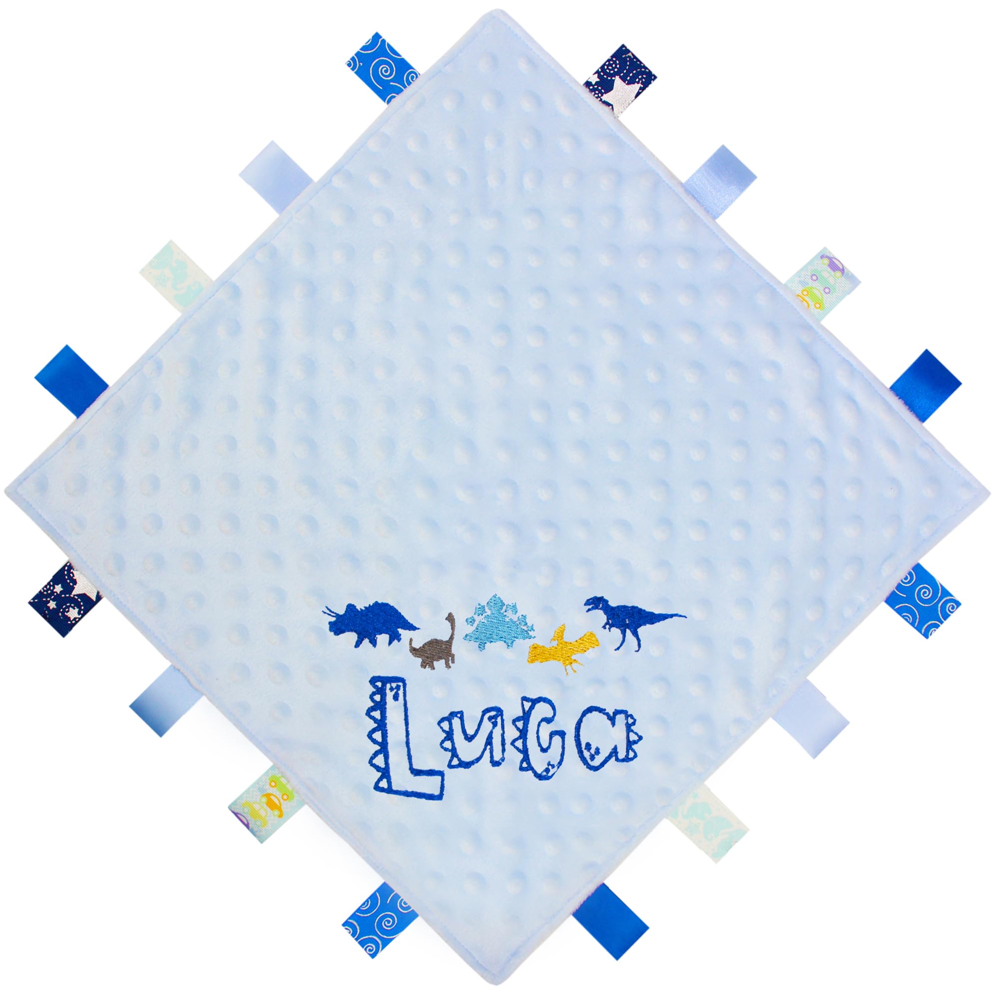 TeddyT's Personalised Baby Dinosaur Design Blue Ribbon Taggy Blanket Comforter