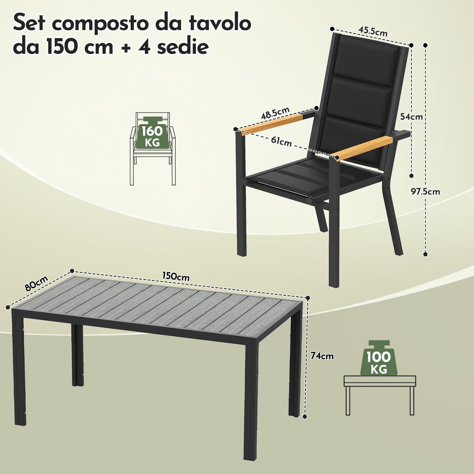 Devoko Set Arredo Giardino 4 Persone Tavolo 150 cm Design Vena Legno Sedie Impilabili Alluminio Grigio